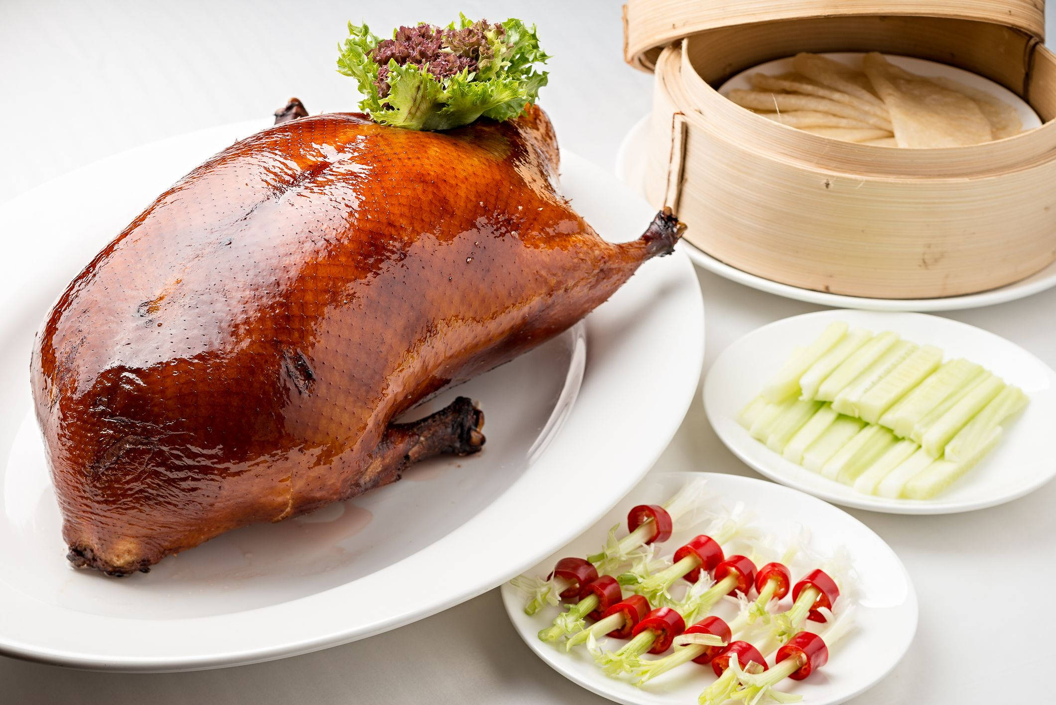 Peking Duck, glossy caramelized skin, white plate, Full HD Desktop Wallpaper