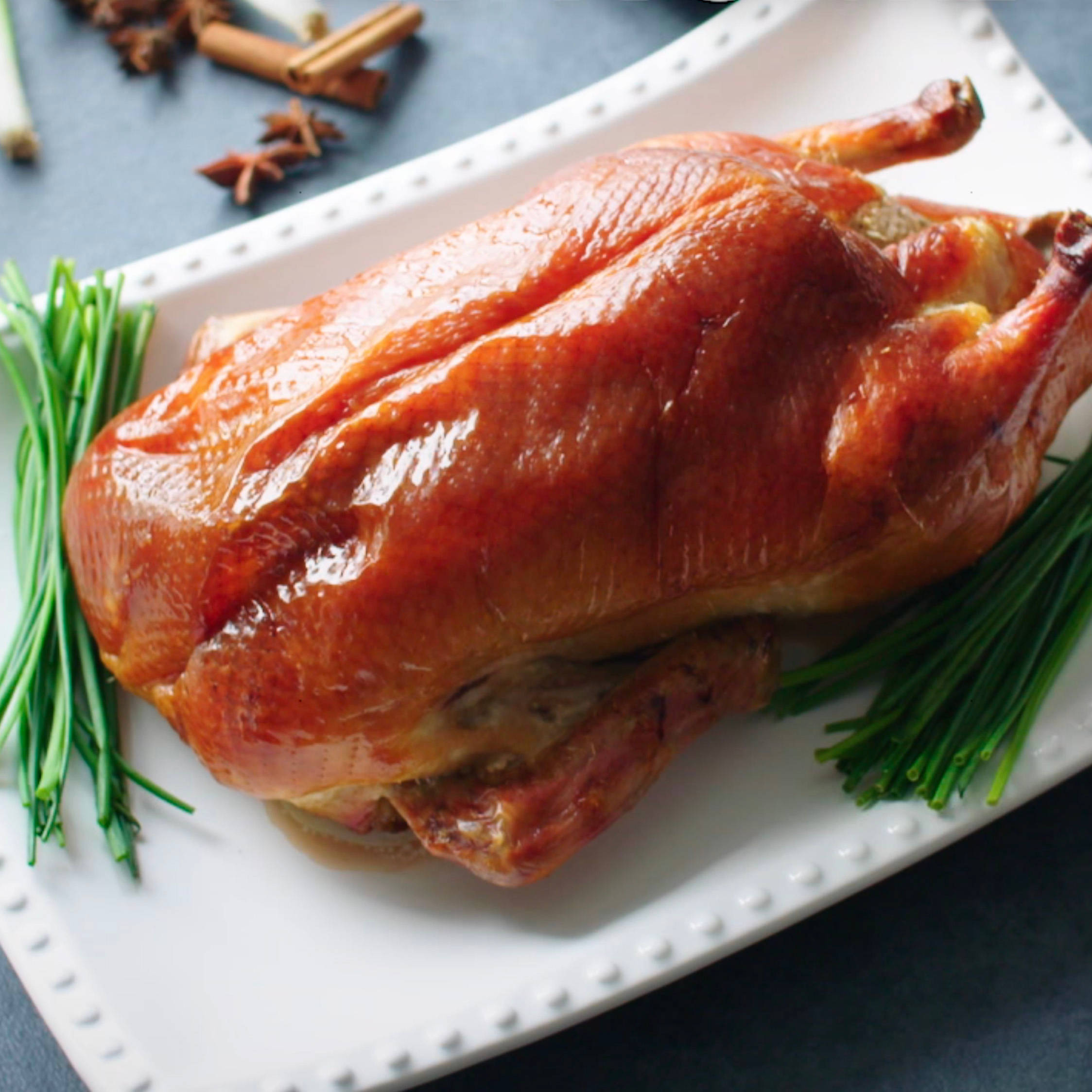 Peking Duck, glossy golden skin, white plate, Full HD Desktop Wallpaper