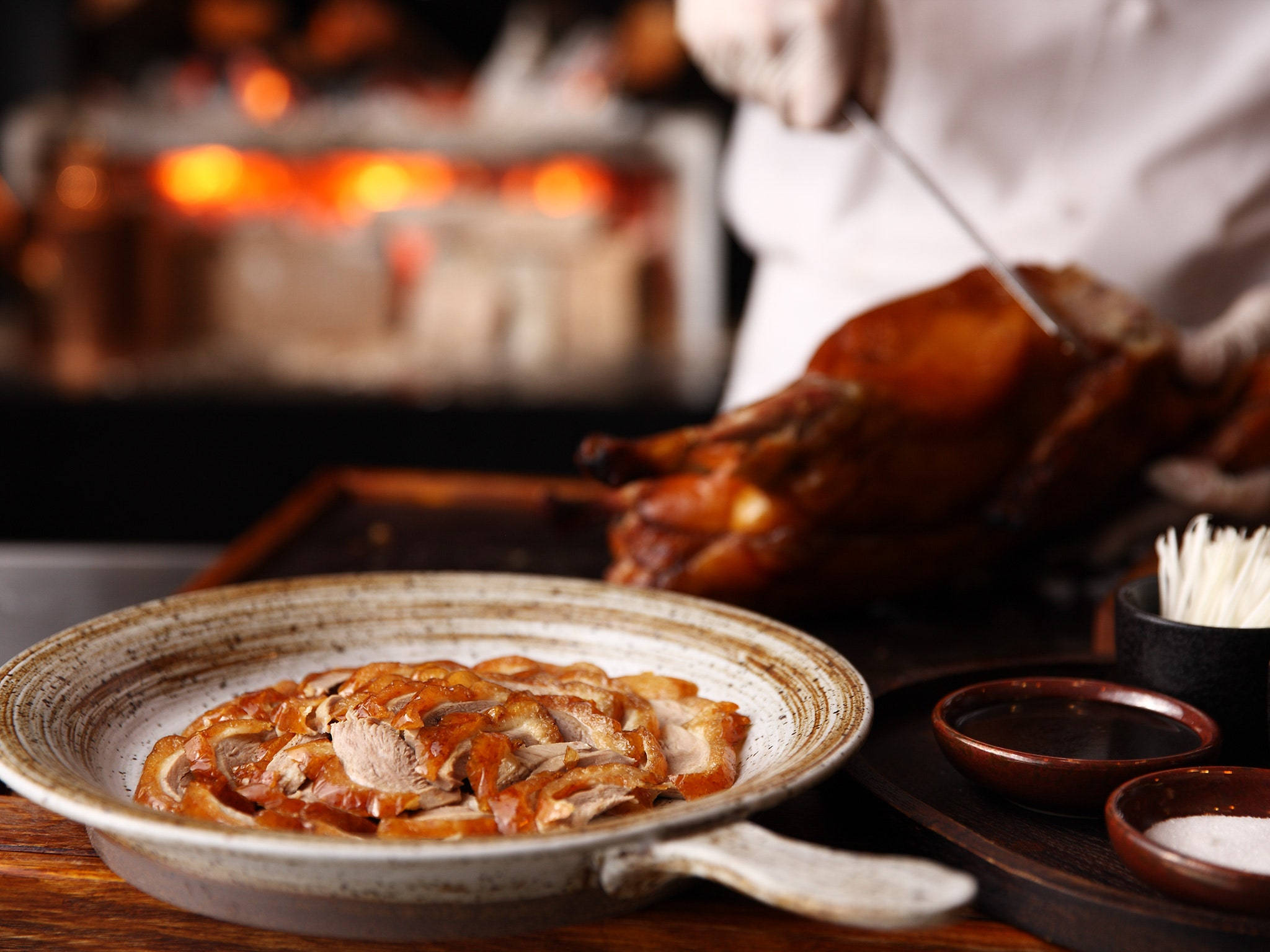 Peking Duck, glossy roasted duck, wooden table, Full HD Desktop Wallpaper