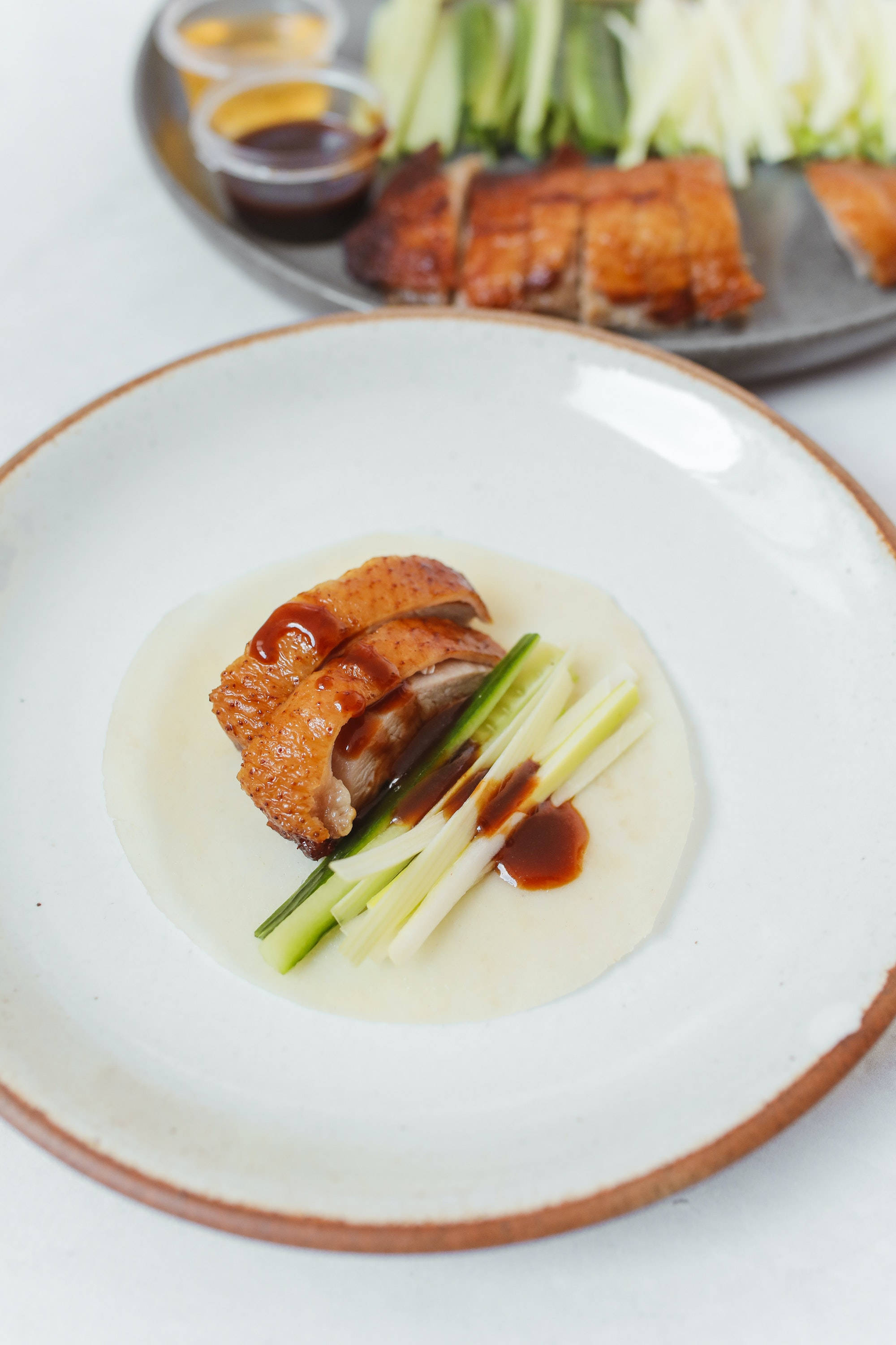 Peking Duck, sliced cucumber, scallions, 2K Phone Wallpaper