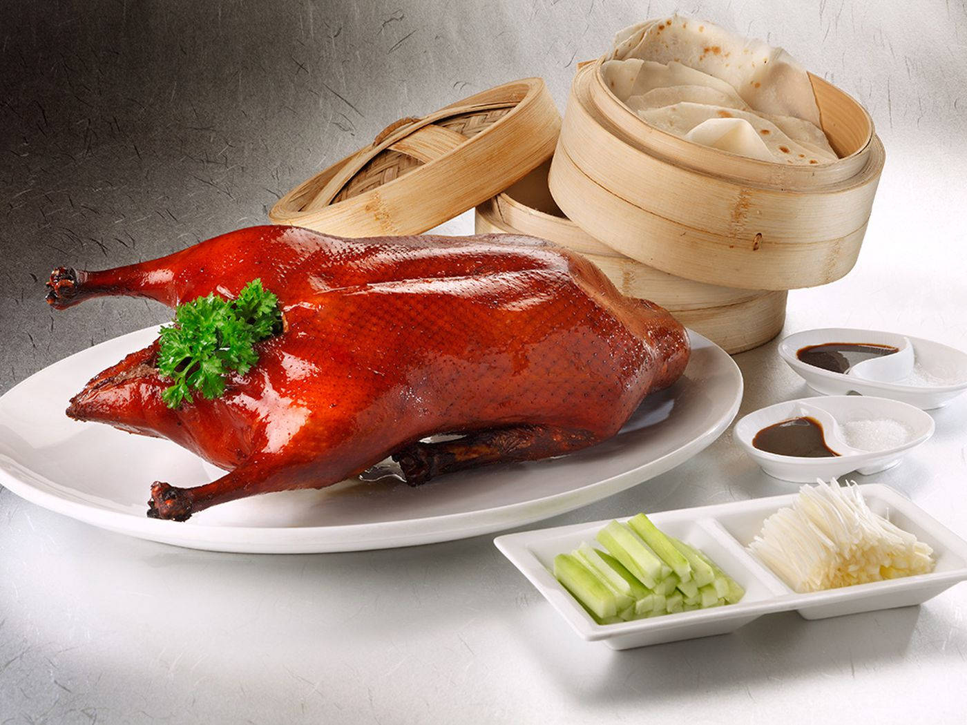 Peking Duck, glossy roasted duck, white plate, HD Desktop Wallpaper