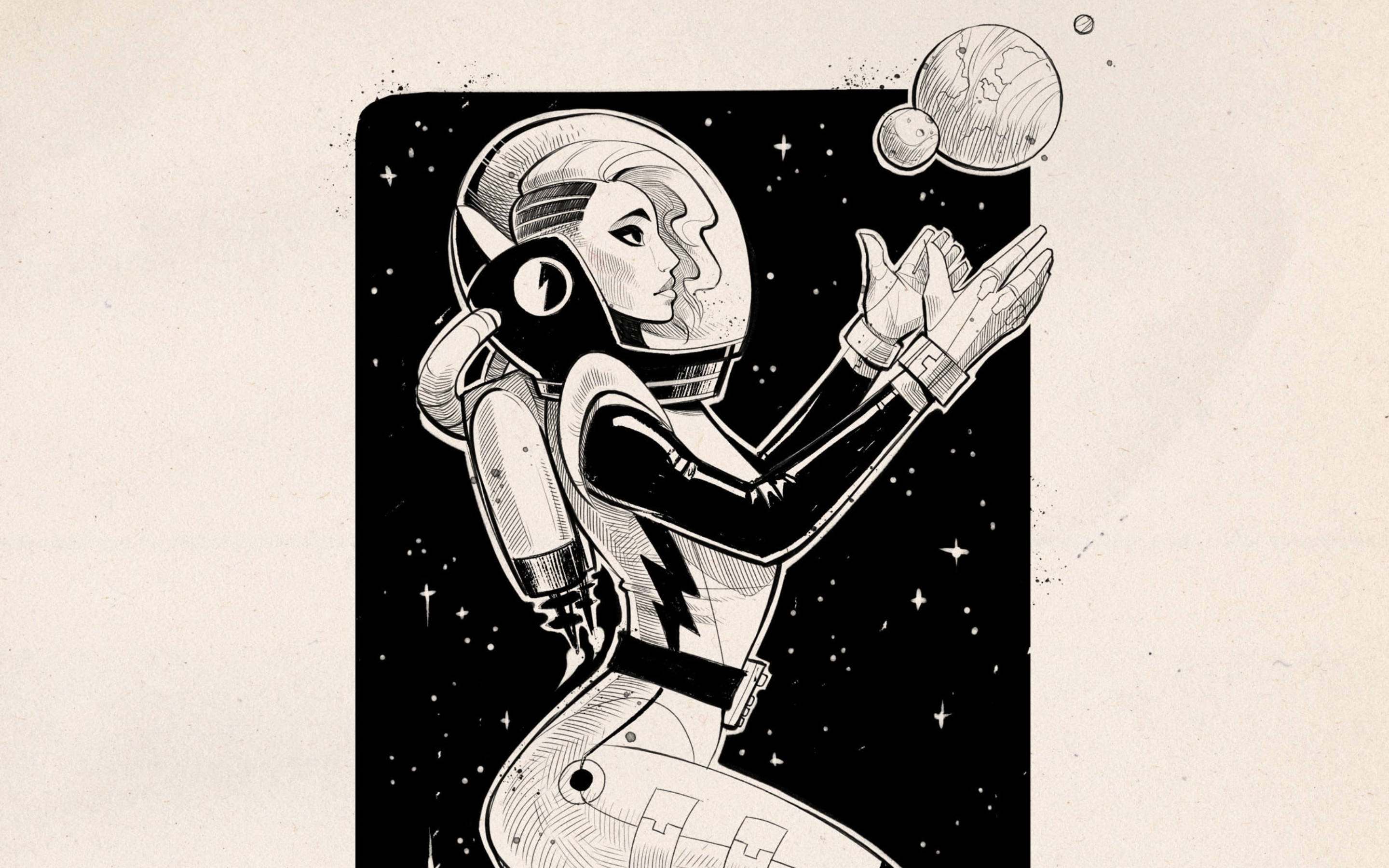 pencil drawing, astronaut, planet, 2K Desktop Wallpaper