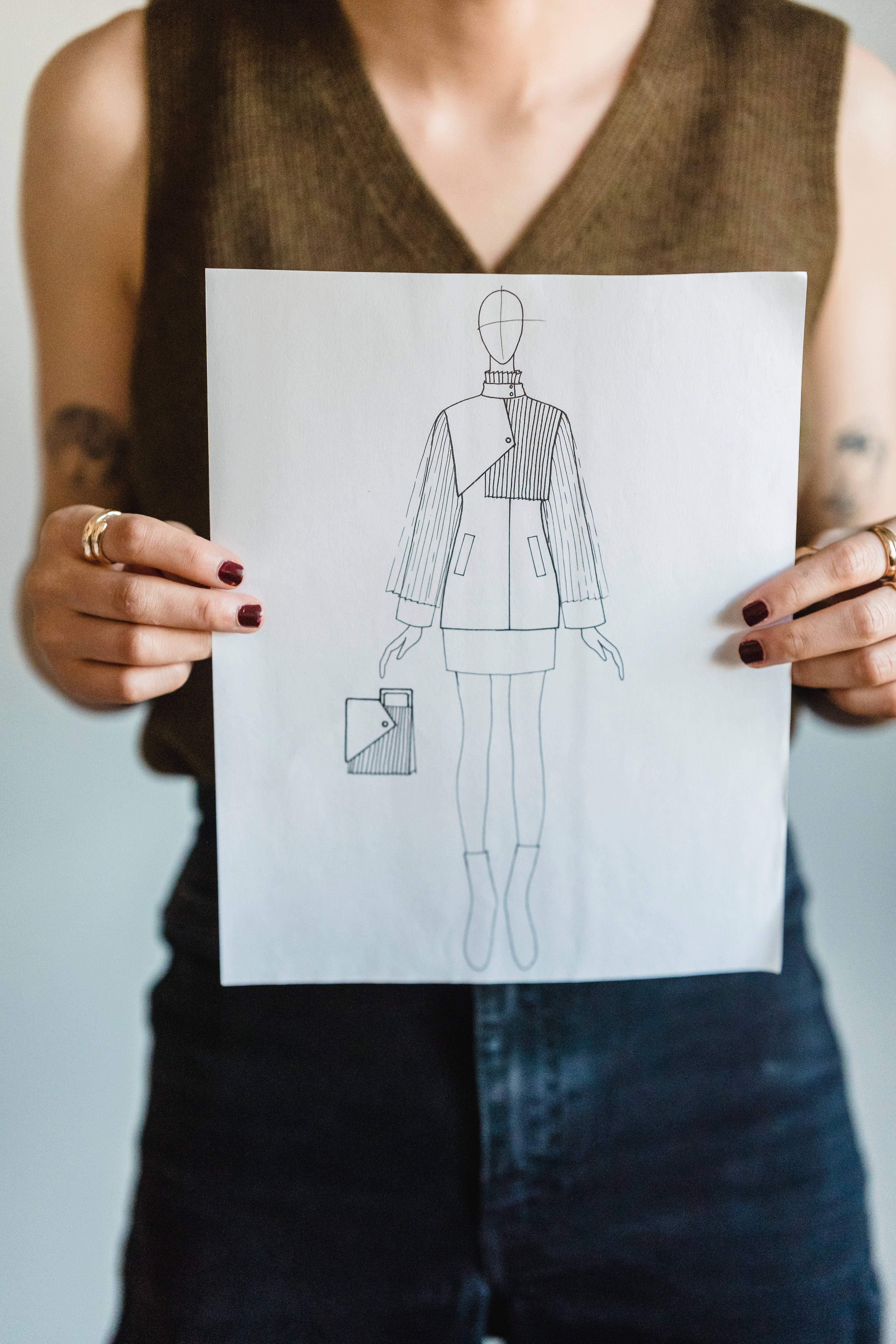 pencil sketch, dress design, structured jacket, 5K Phone Wallpaper