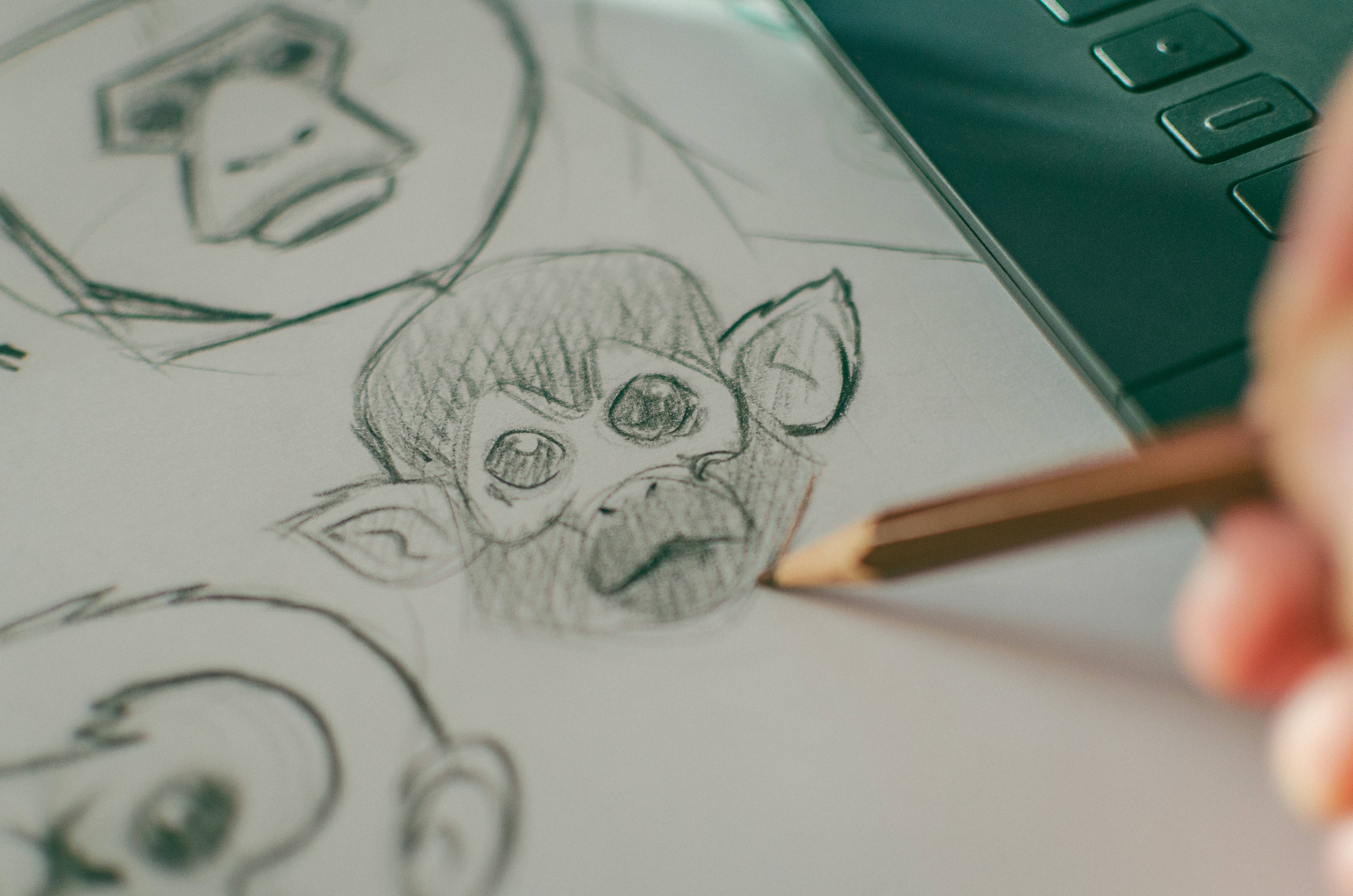 monkey head, pencil drawing, cartoon monkey face, 4K Desktop Wallpaper