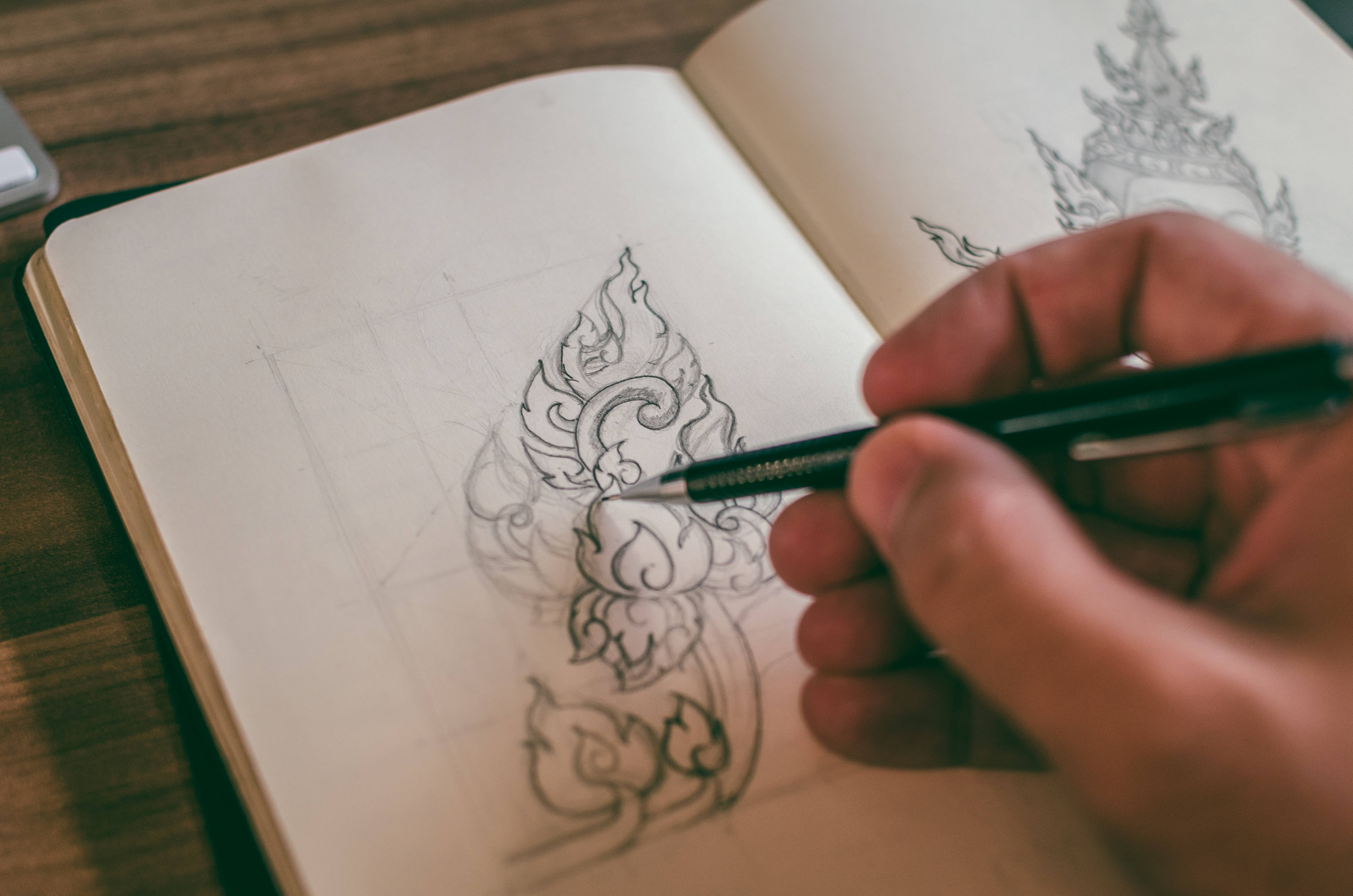 pencil drawing artwork, traditional Thai-inspired patterns, sketchbook, 4K Desktop Wallpaper