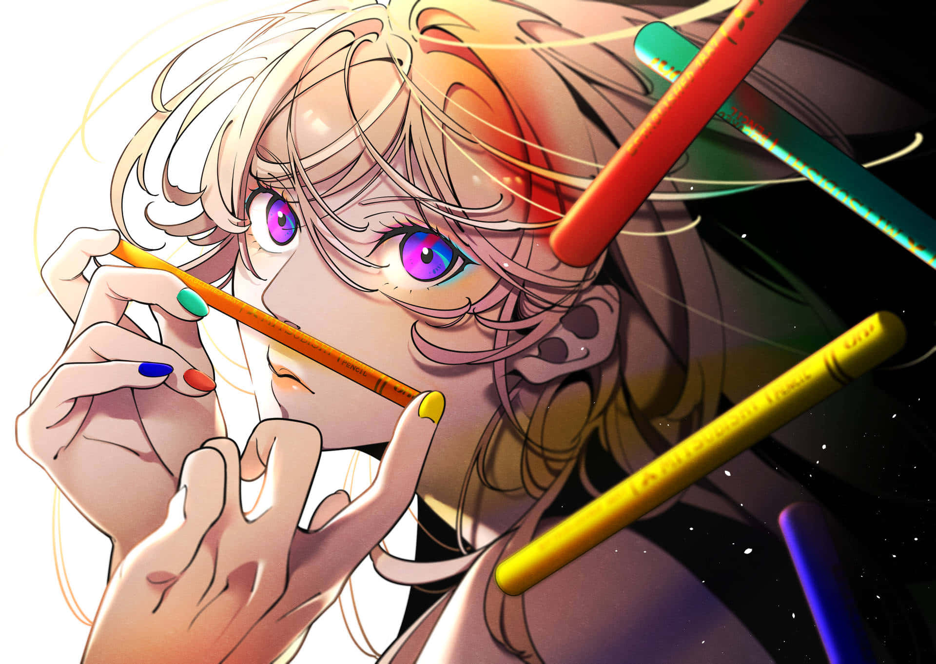 anime girl, purple eyes, colorful nail polish, Full HD Desktop Wallpaper