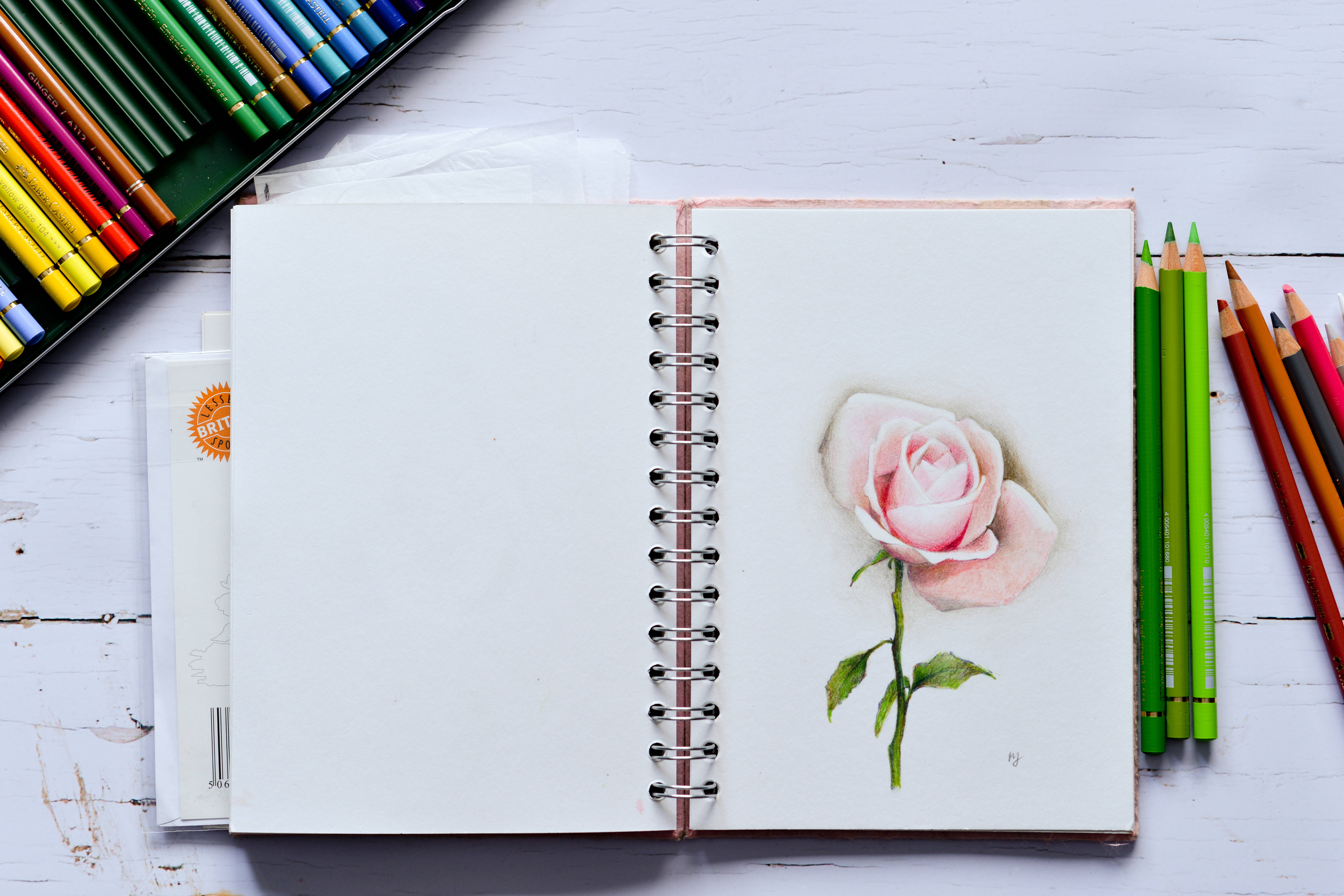 pink rose, spiral notebook, colored pencils, 5K Desktop Wallpaper