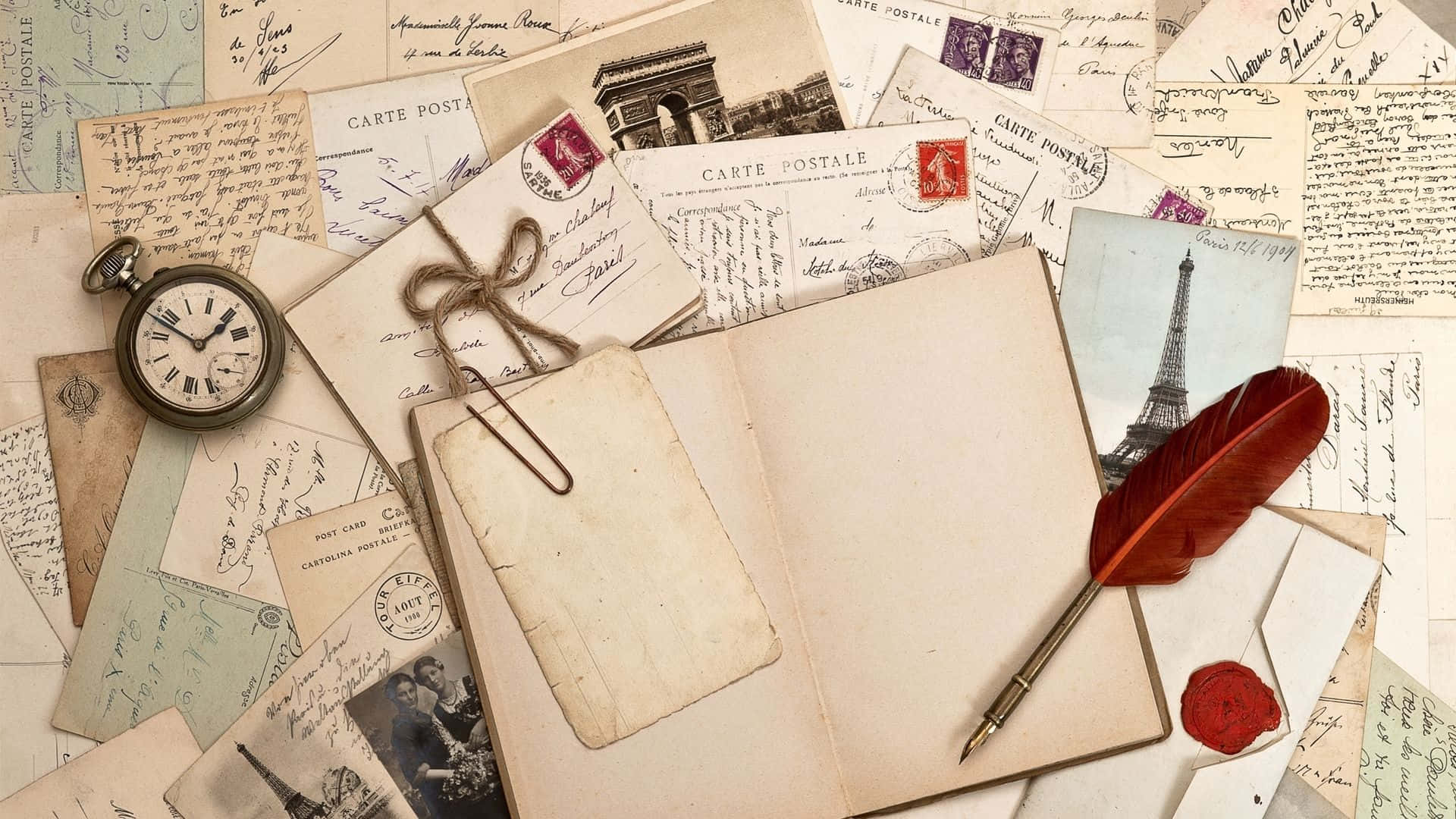 writing notebook, red quill, vintage postcards, Full HD Desktop Wallpaper