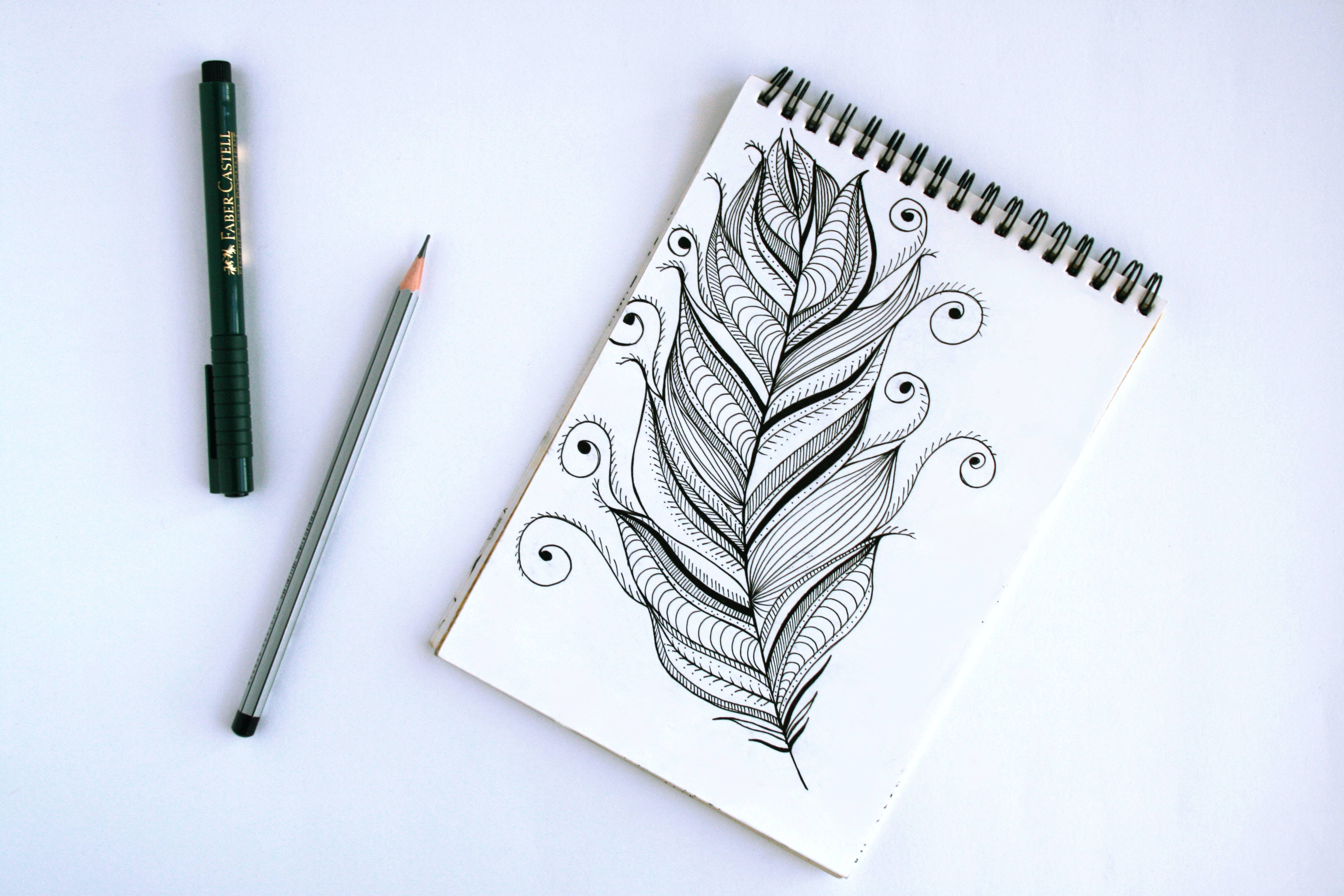 pencil drawing, feather, spiral notebook, 4K Desktop Wallpaper