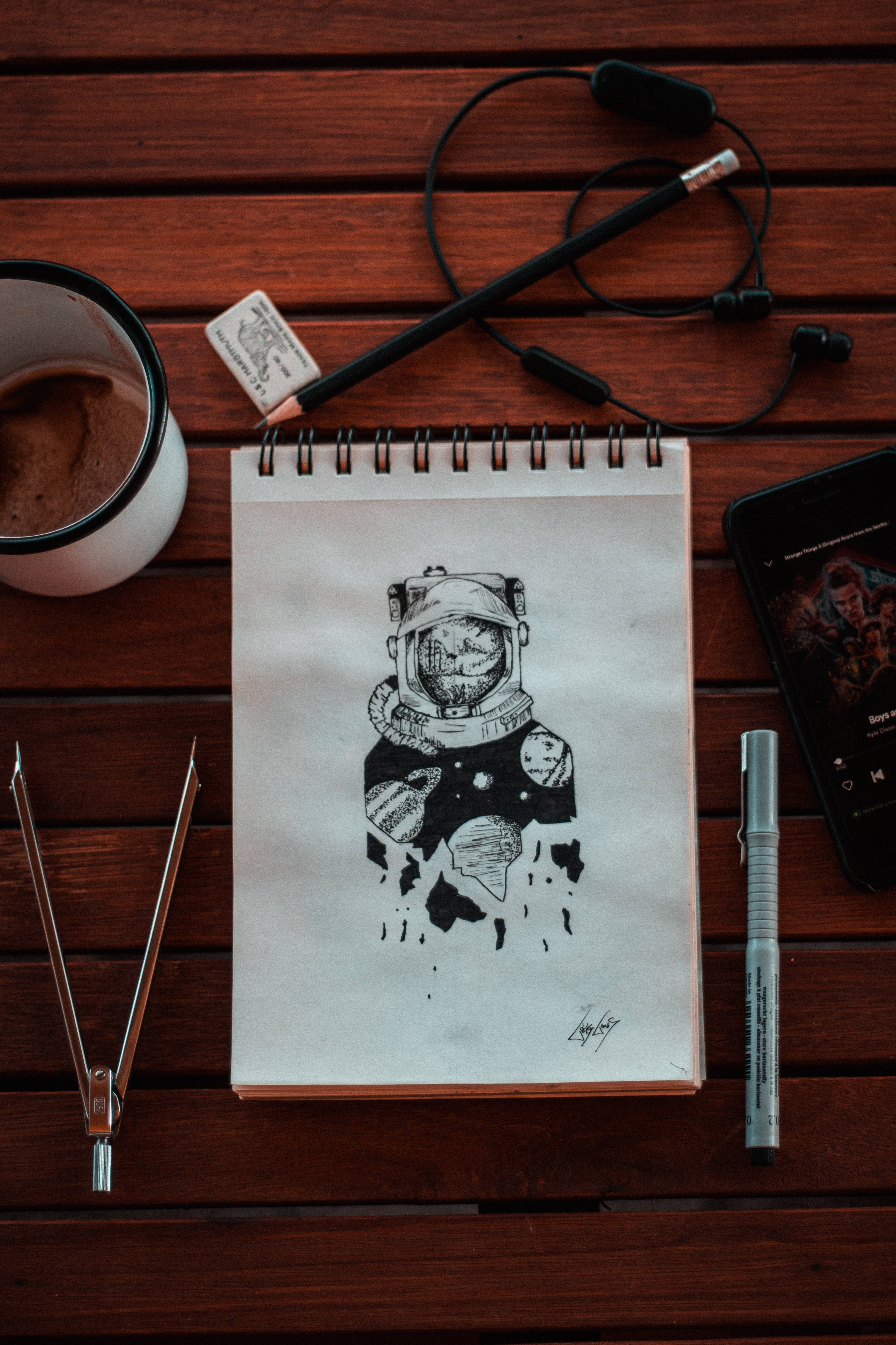 astronaut, spiral notebook, wooden table, 5K Phone Wallpaper