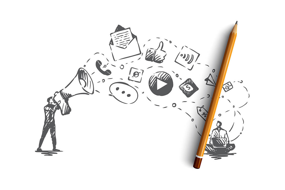 hand-drawn sketch, person shouting into a megaphone, social media icons, SD Desktop Wallpaper