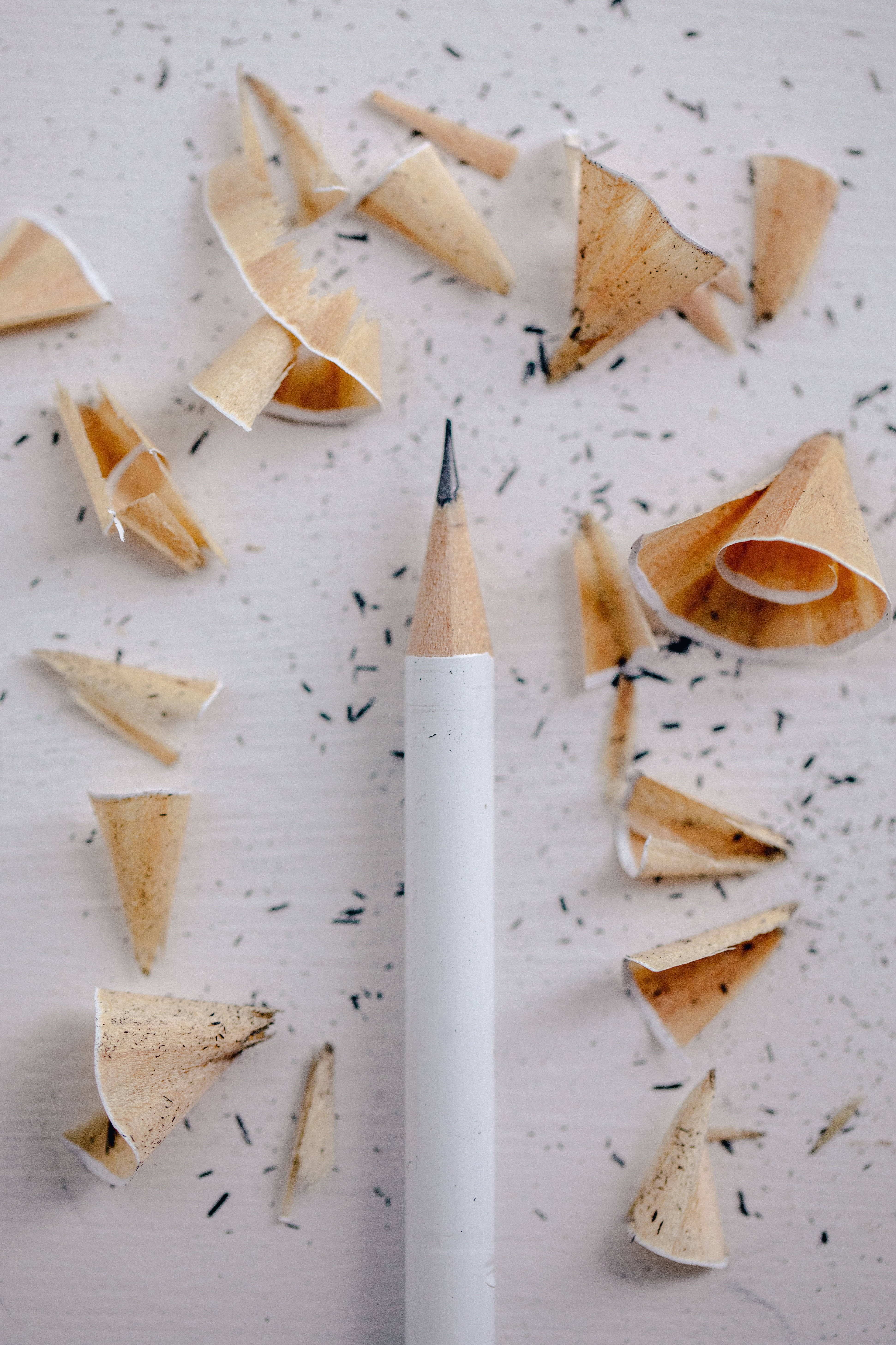 sharpened pencil, white pencil, wood shavings, 5K Phone Wallpaper