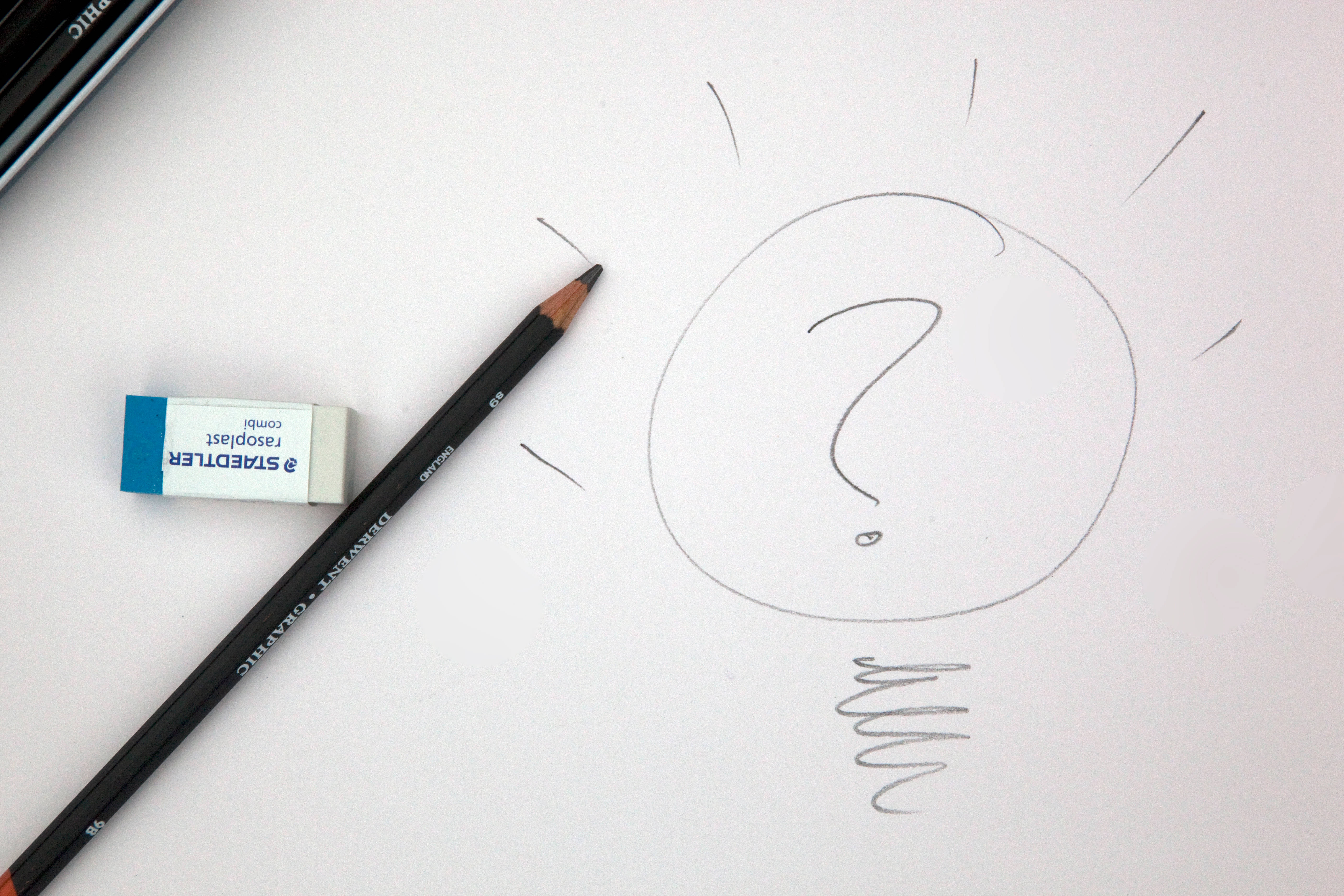 lightbulb sketch, question mark, pencil, 5K Desktop Wallpaper