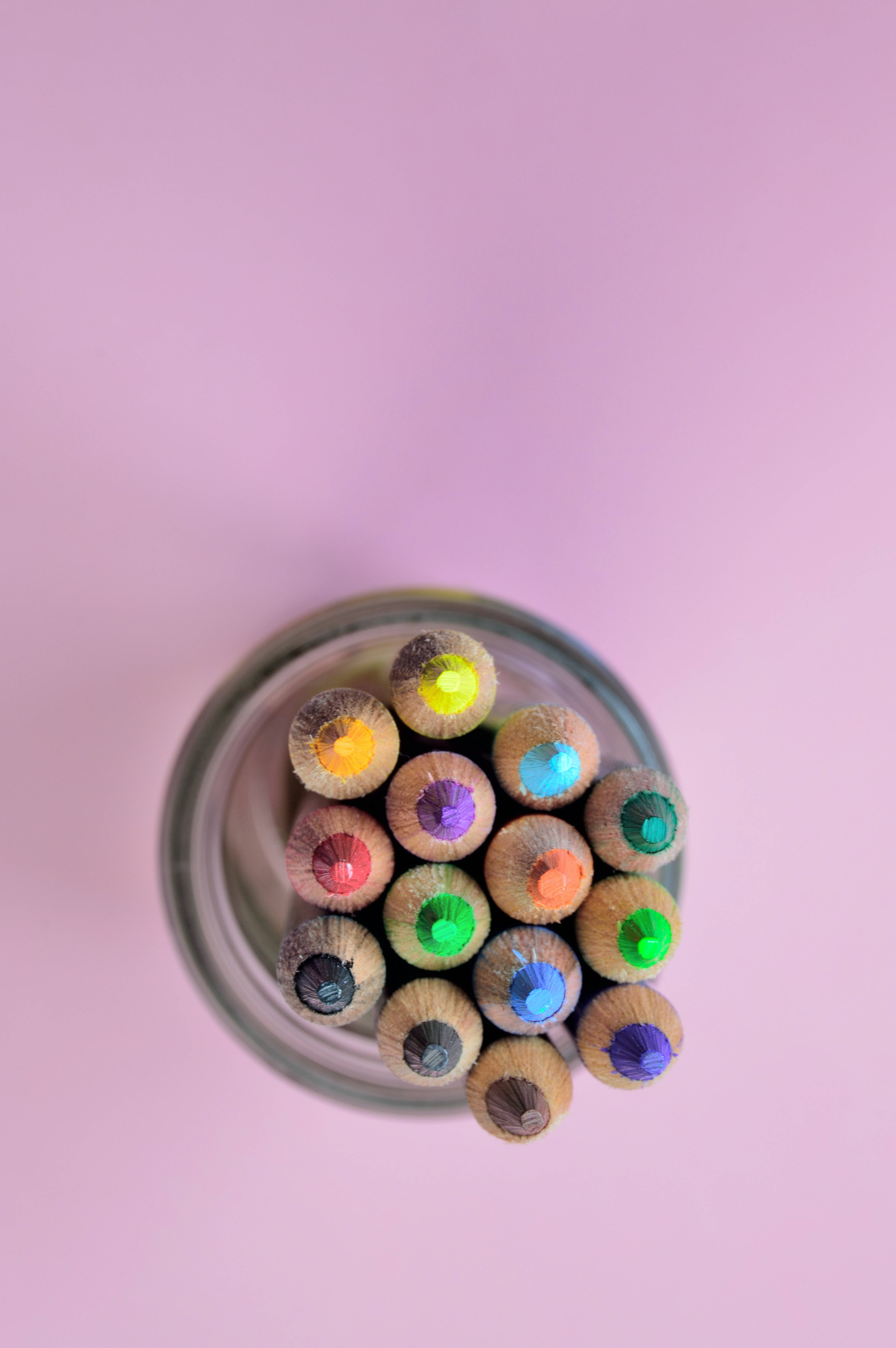 solid pastel color purple pencils, glass jar, soft pink background, 5K Phone Wallpaper