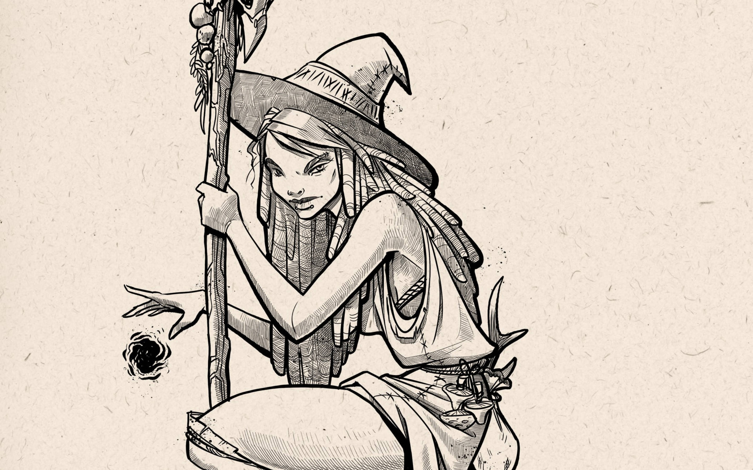 witch, wide-brimmed hat, staff, 2K Desktop Wallpaper