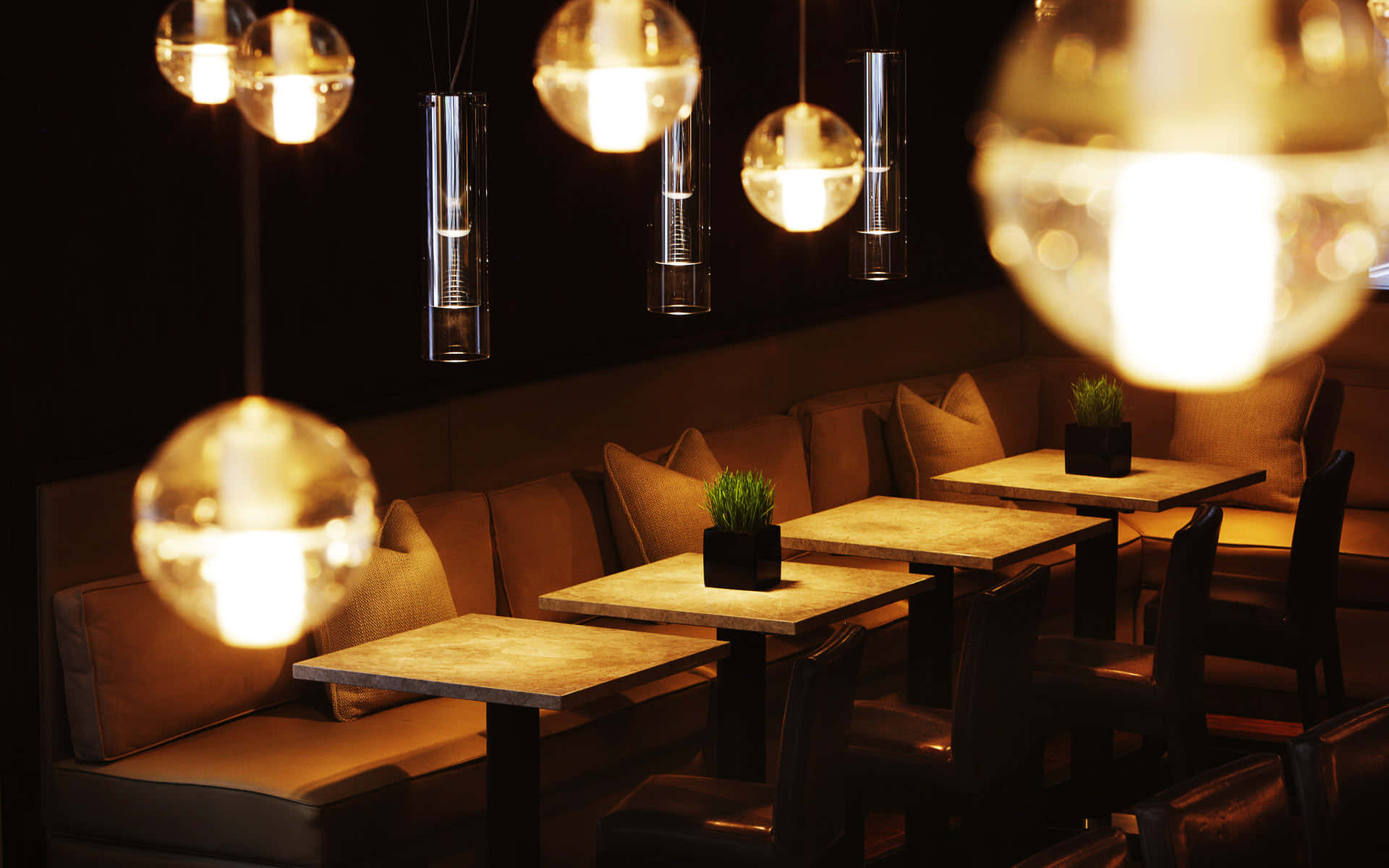 modern pendant lighting, restaurant booth, wooden tables, Full HD Desktop Wallpaper