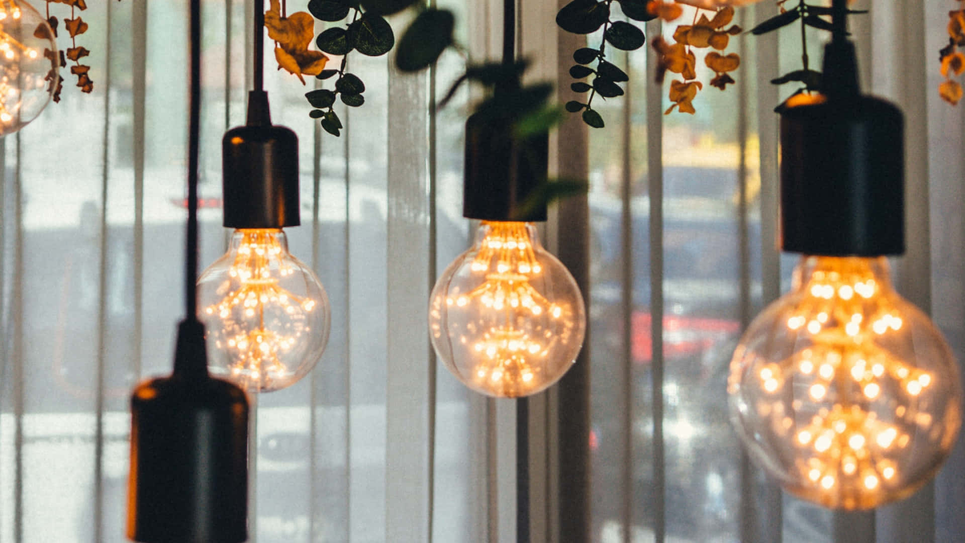 modern pendant lights, filament bulbs, greenery, Full HD Desktop Wallpaper