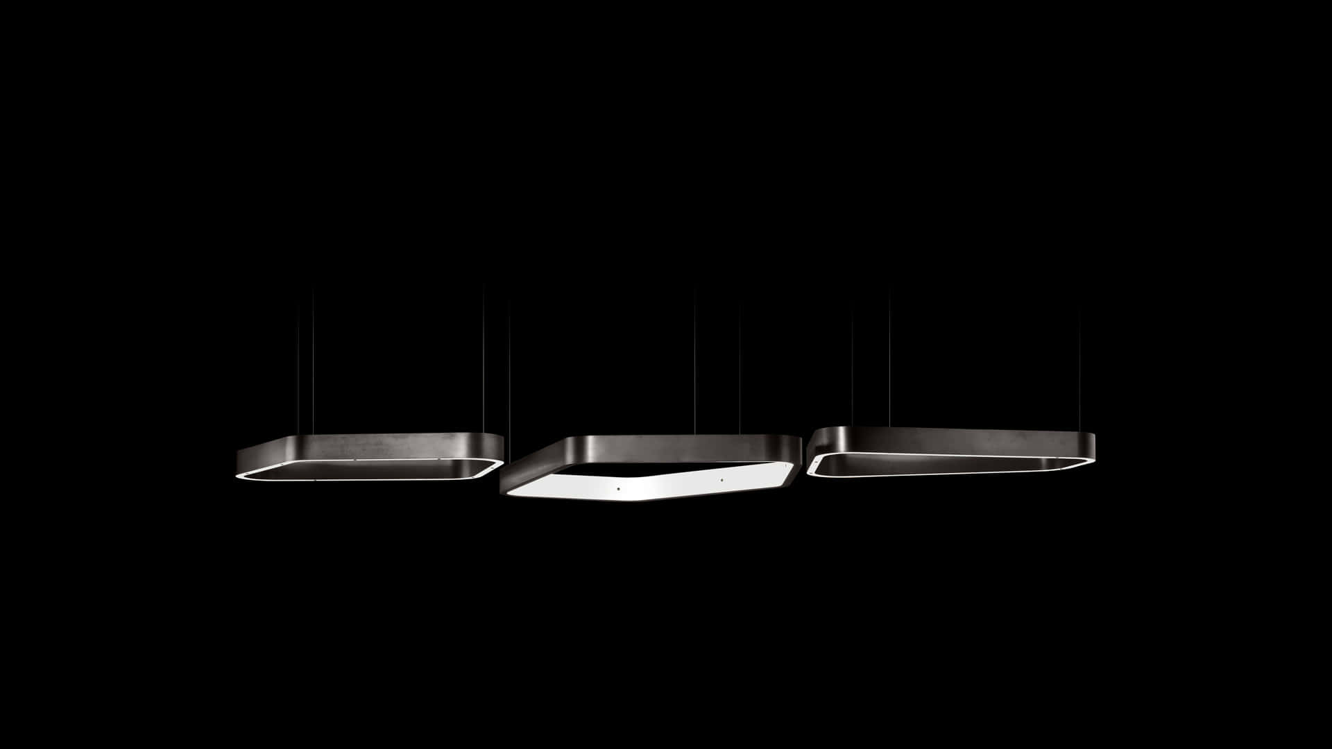 modern black pendant lights, glowing white panels, pure black background, Full HD Desktop Wallpaper