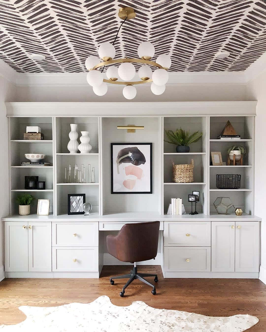 modern home office, white built-in shelving, brown leather chair, HD Phone Wallpaper