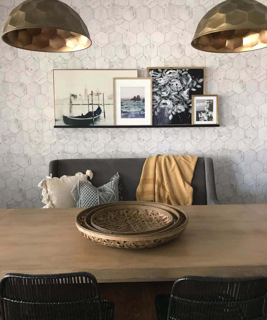modern dining nook, hexagonal marble wallpaper, gold pendant lights, HD Phone Wallpaper