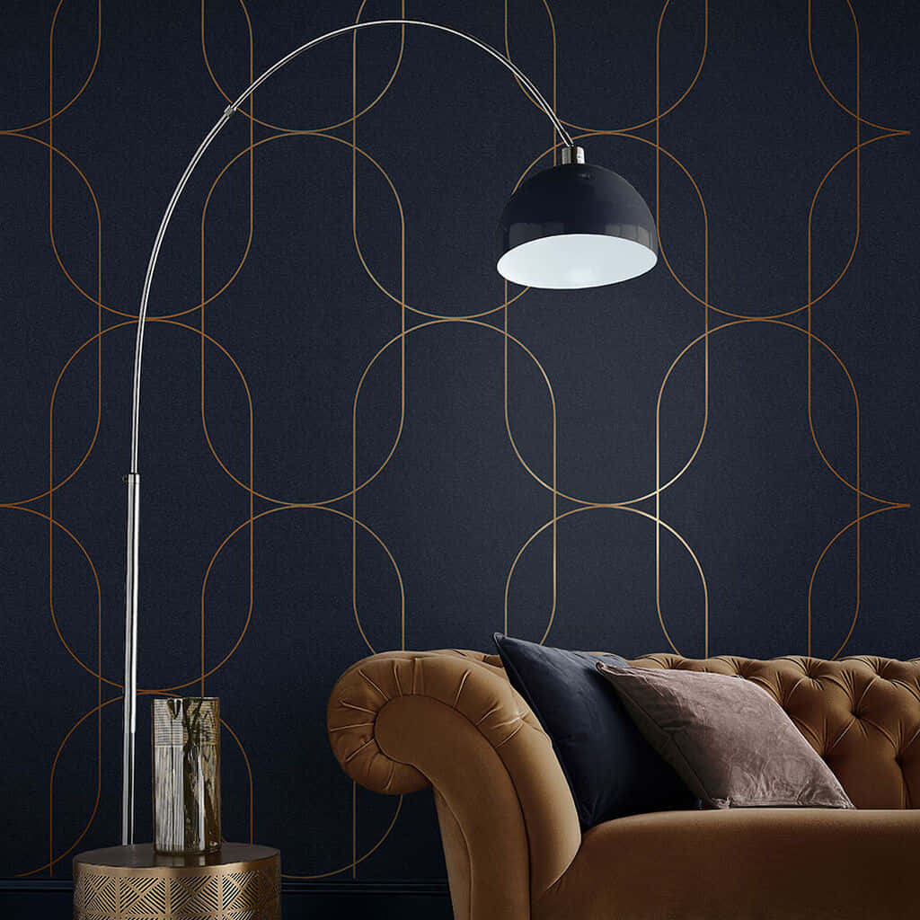 modern arched floor lamp, pendant light, brown tufted sofa, SD Desktop Wallpaper