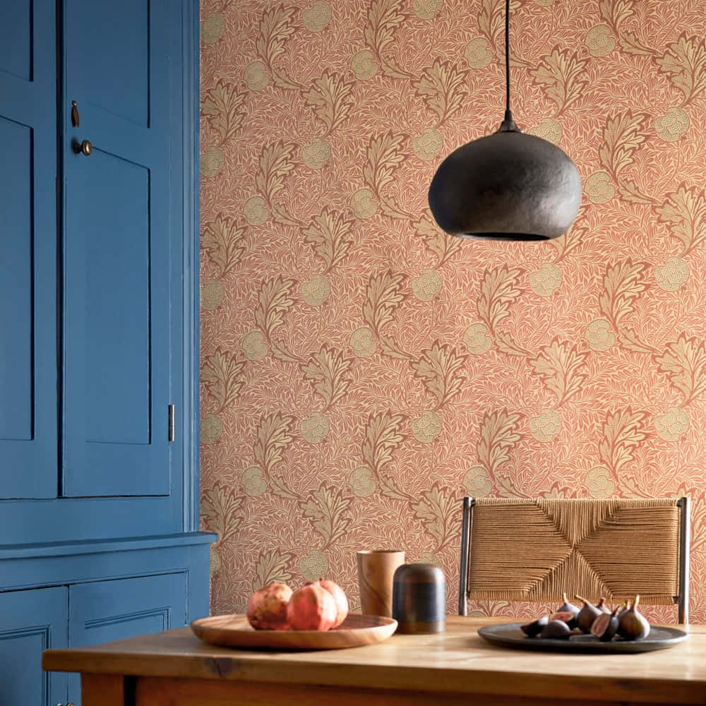 modern pendant light, rustic wooden table, coral wallpaper, SD Desktop Wallpaper