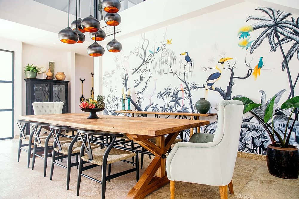 modern dining room, rustic wooden table, glowing pendant lights, SD Desktop Wallpaper