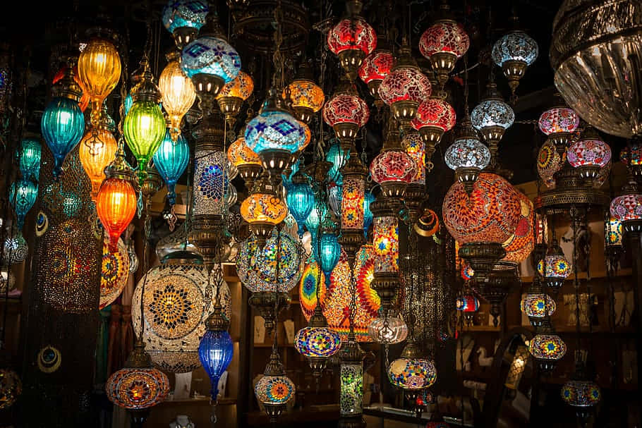 colorful mosaic pendant lights, dimly lit bazaar, warm colorful light, SD Desktop Wallpaper