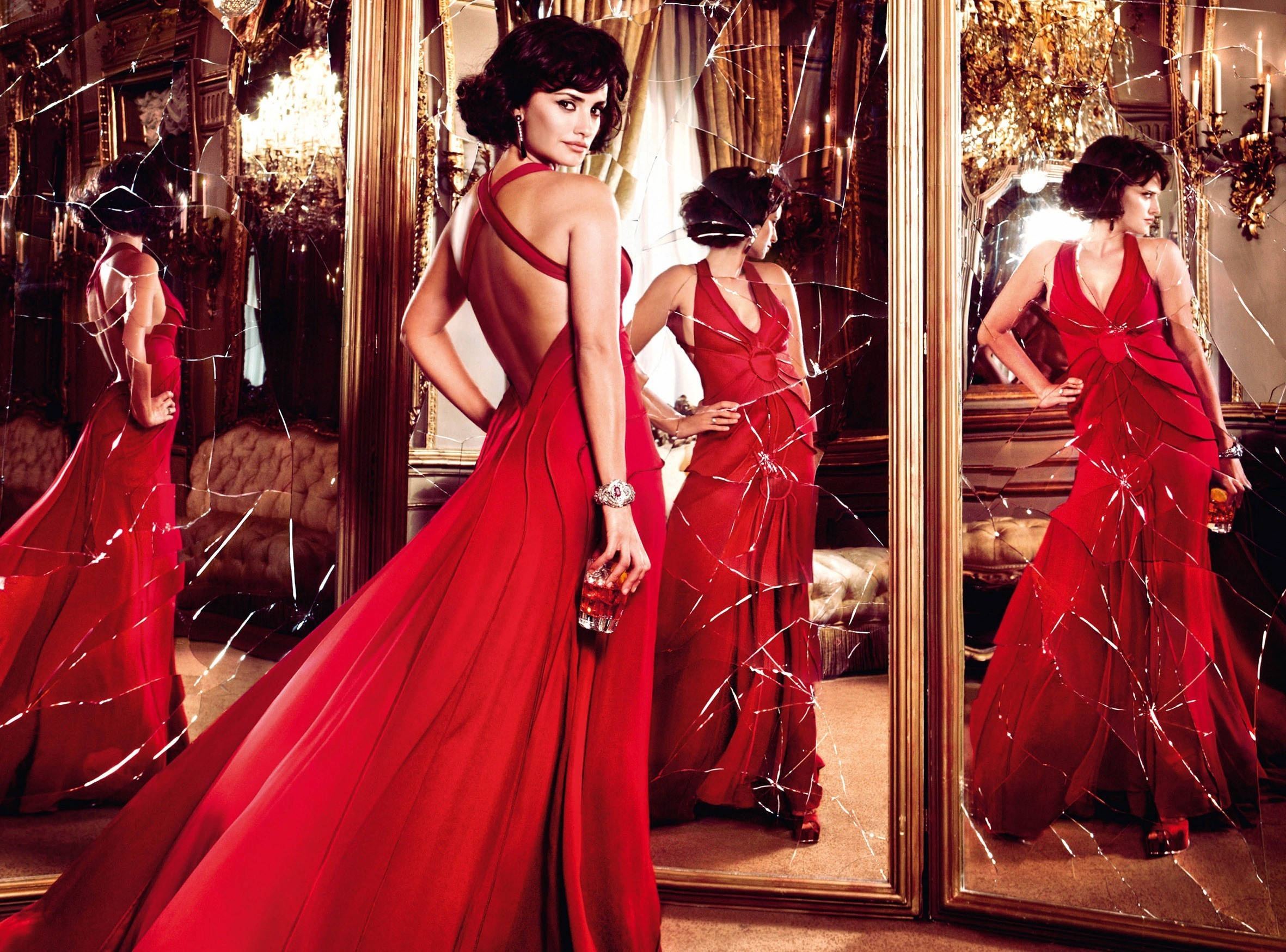 Penelope Cruz, red gown, shattered mirrors, Full HD Desktop Wallpaper