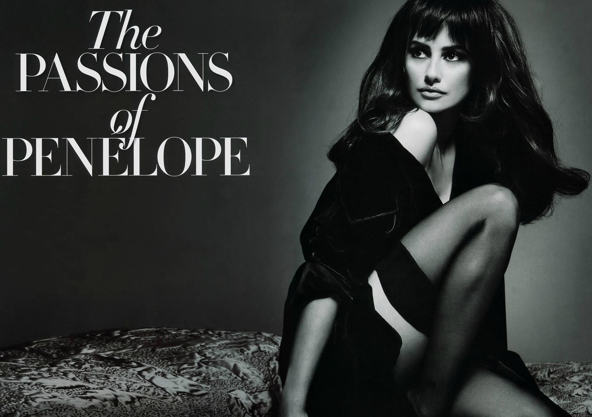Penelope Cruz, black lingerie, patterned bed, Full HD Desktop Wallpaper