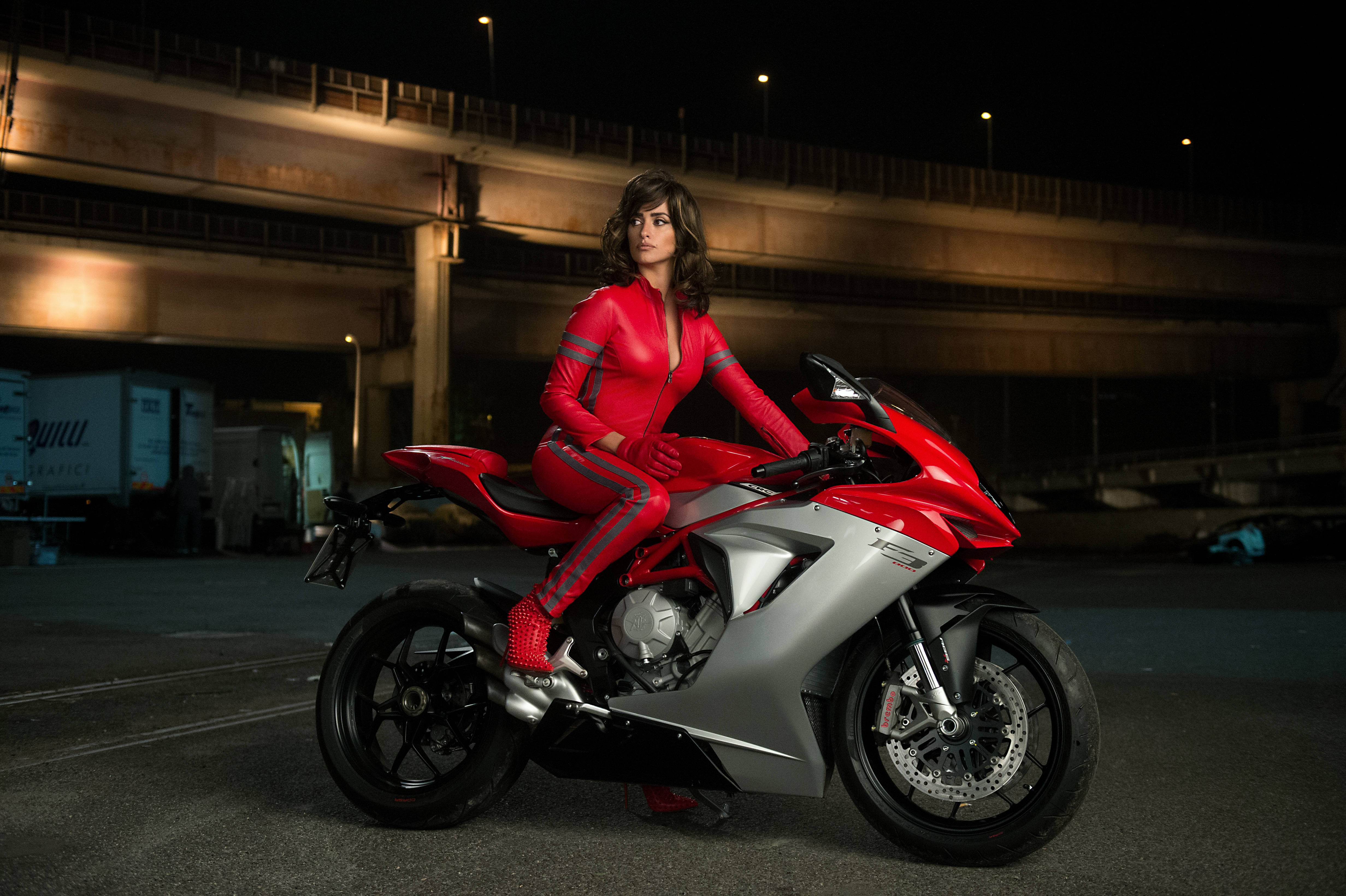 Penelope Cruz, red racing suit, red and silver sport motorcycle, 4K Desktop Wallpaper