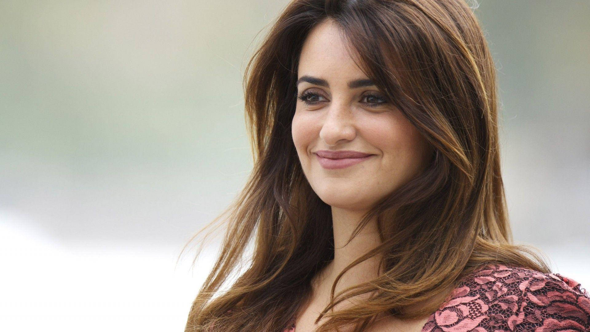 Penelope Cruz, long brown hair, pink lace top, Full HD Desktop Wallpaper