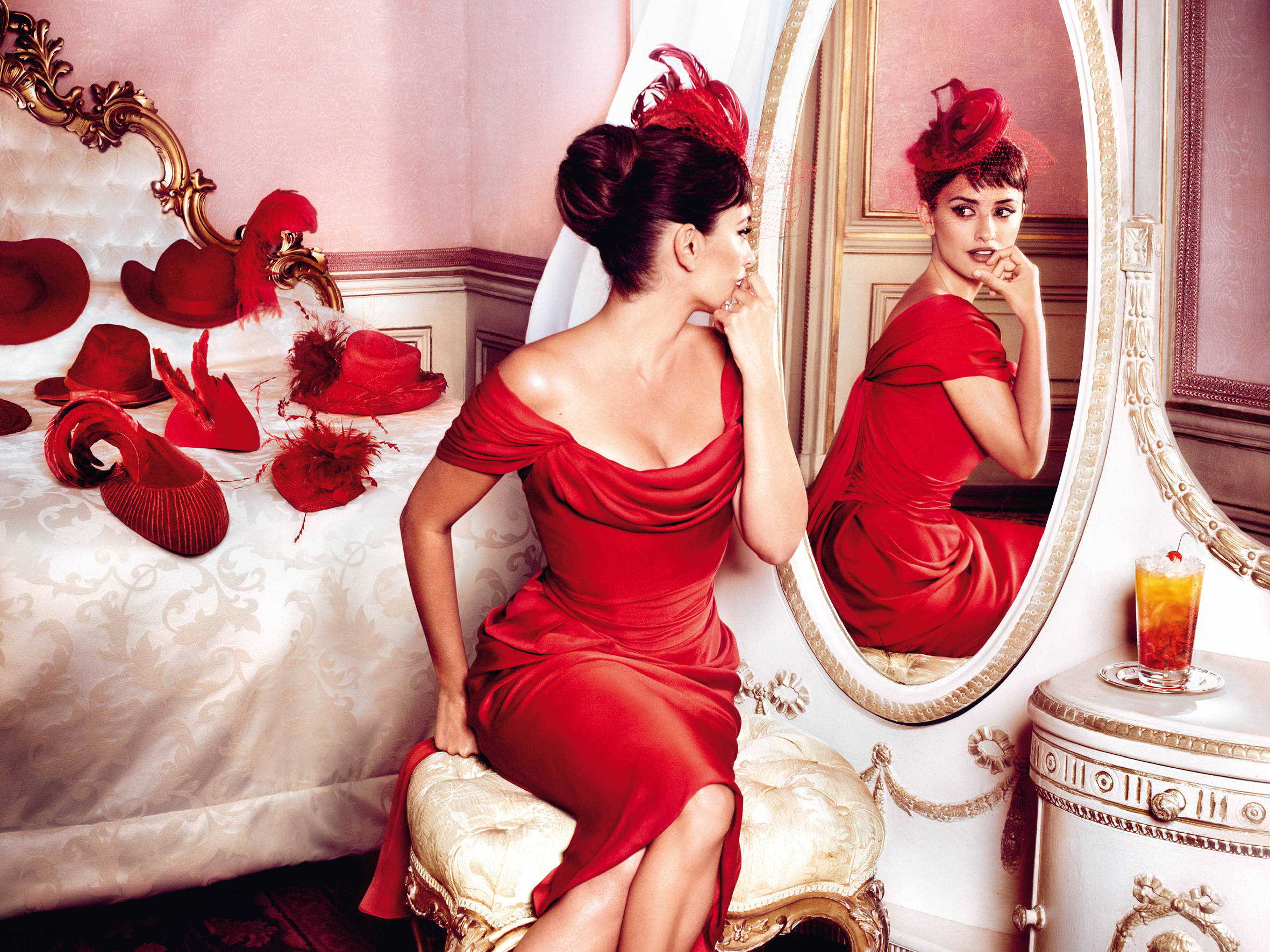 Penelope Cruz, vibrant red satin dress, matching feathered hat, Full HD Desktop Wallpaper