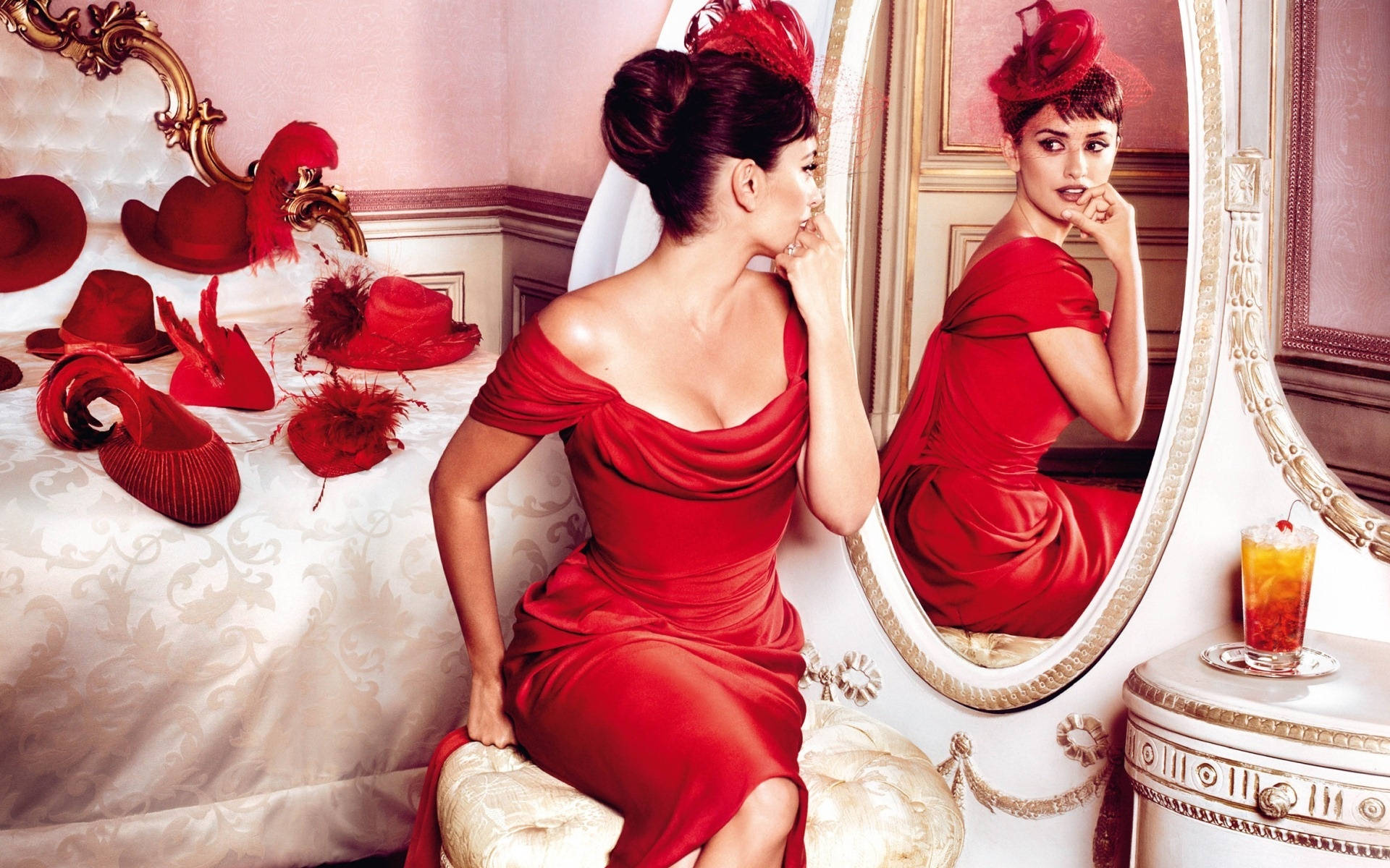 Penelope Cruz, vibrant red satin dress, ornate mirror, Full HD Desktop Wallpaper