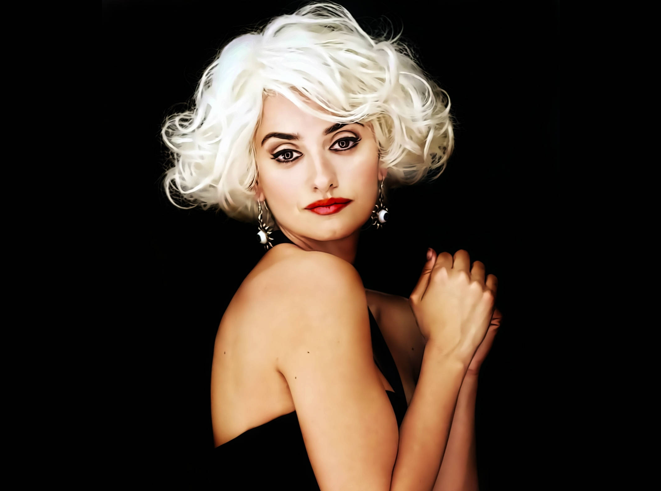 Penelope Cruz, voluminous white hair, bold red lips, Full HD Desktop Wallpaper