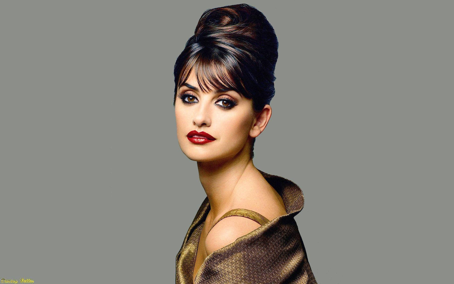 Penelope Cruz, bold red lips, high updo, Full HD Desktop Wallpaper