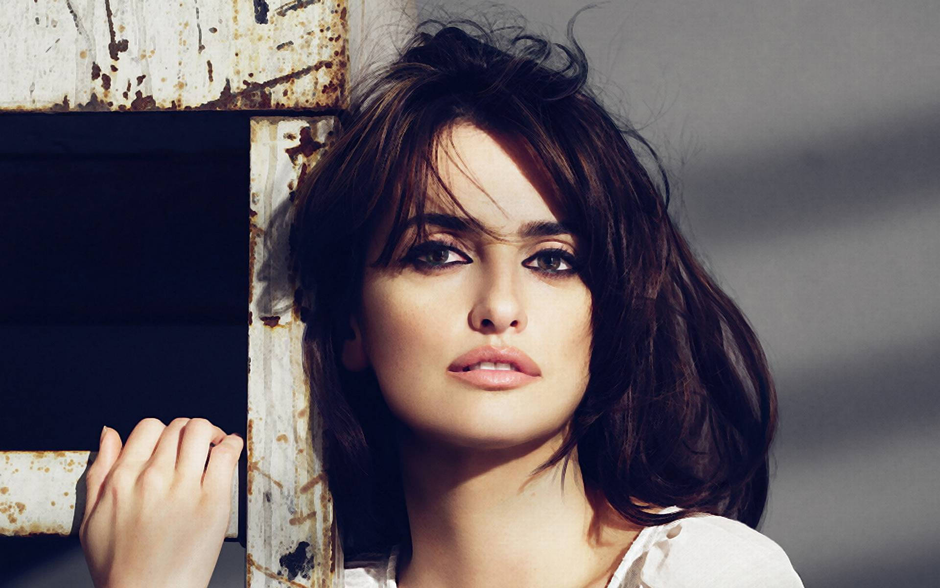 Penelope Cruz, dark tousled hair, rusty metal frame, Full HD Desktop Wallpaper