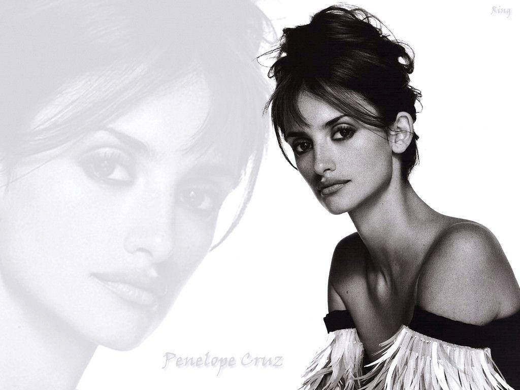 Penelope Cruz, black and white portrait, faded ghostly version of her face, SD Desktop Wallpaper