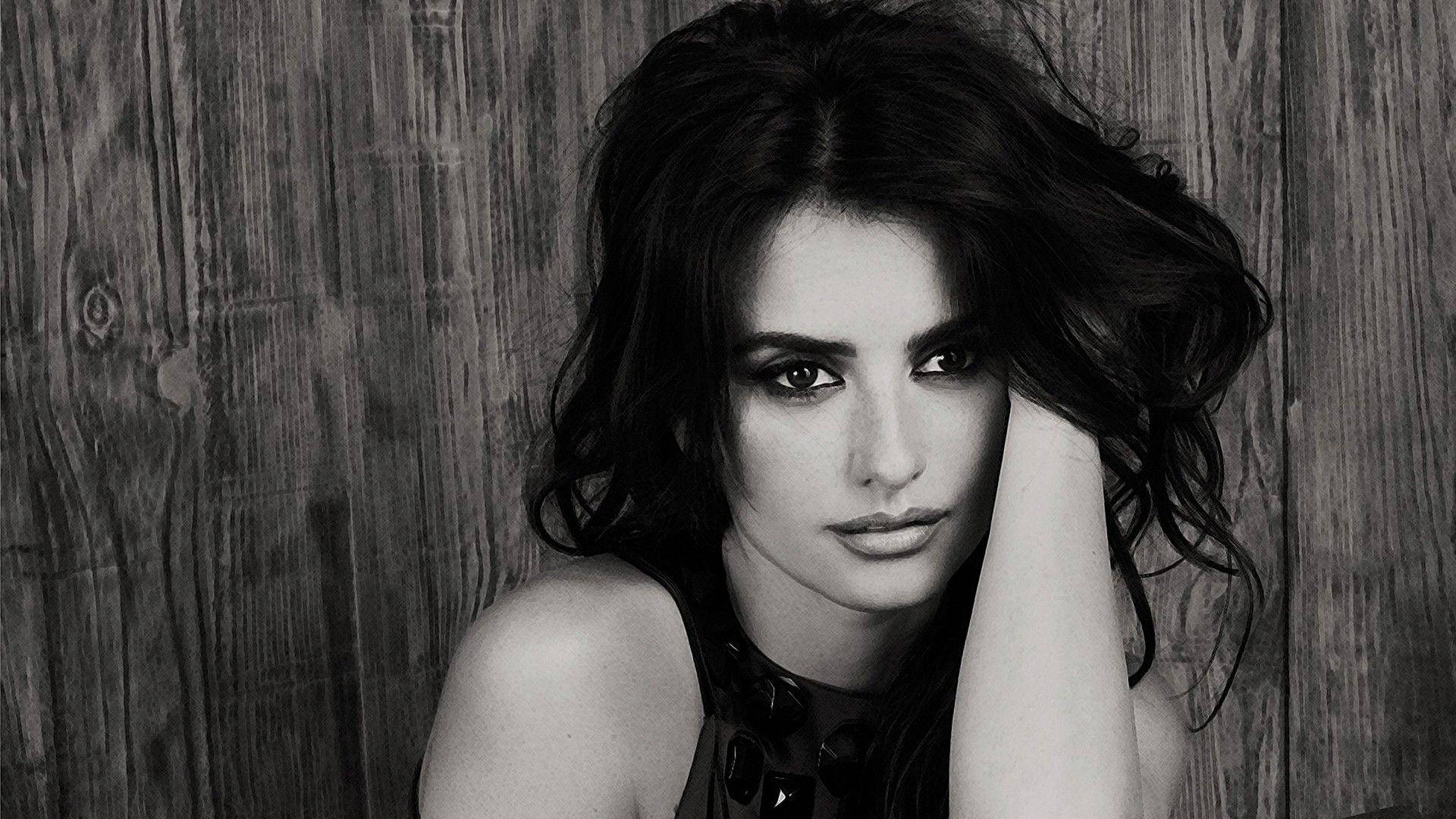 Penelope Cruz, black and white, dark hair, Full HD Desktop Wallpaper