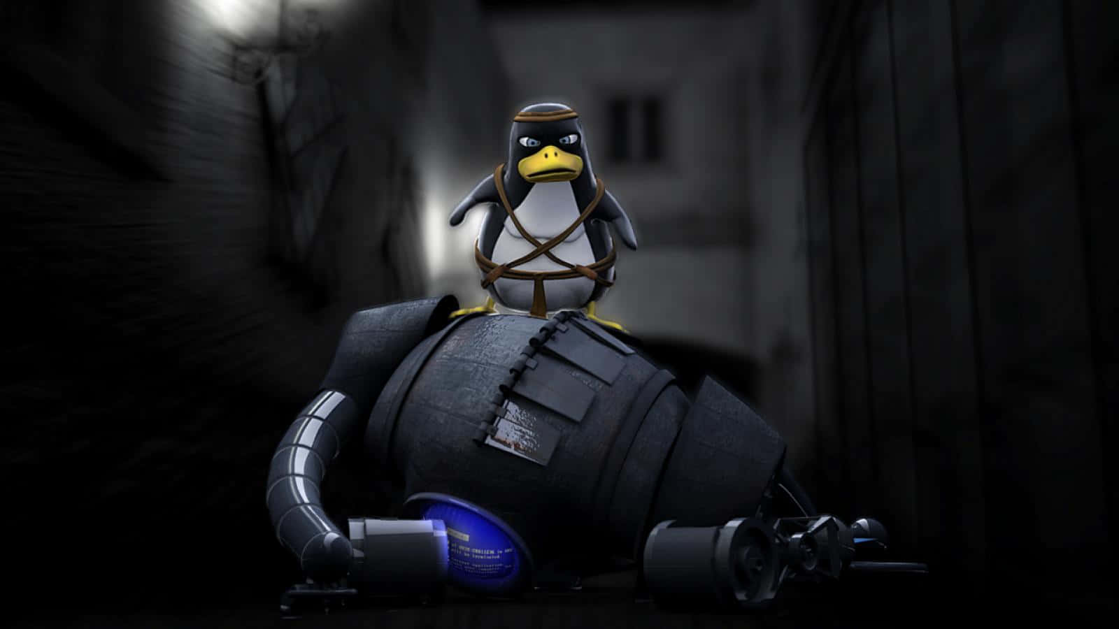 Penguin Tux, harness, fallen robot, HD Desktop Wallpaper