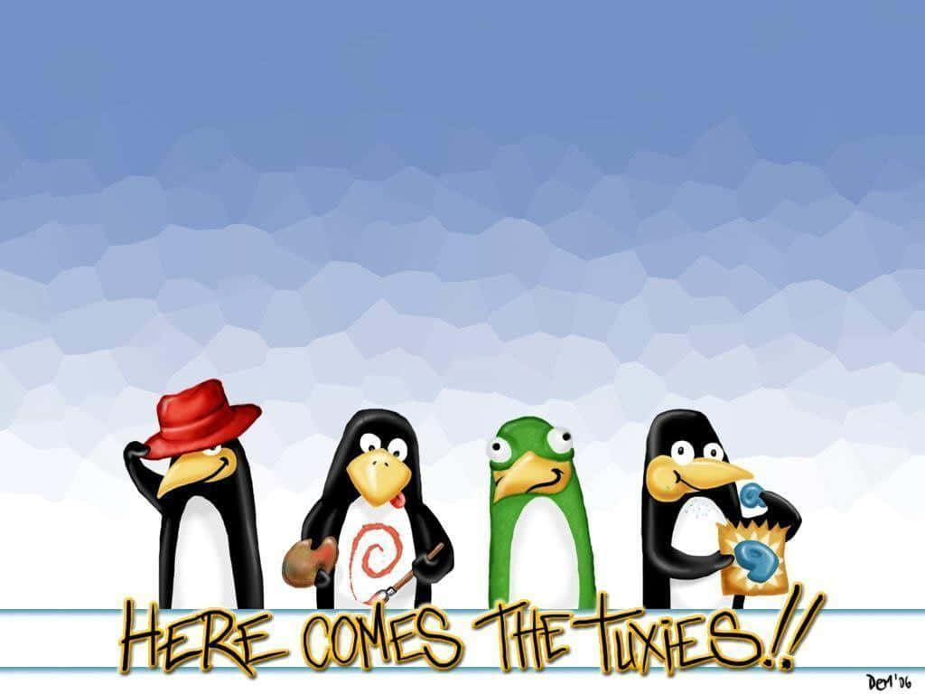 Penguin Tux, snowy environment, cartoon penguins, SD Desktop Wallpaper
