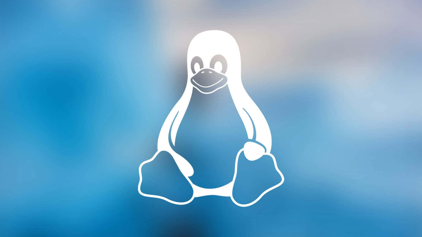 Penguin Tux, white line-art penguin logo, soft blue gradient background, HD Desktop Wallpaper