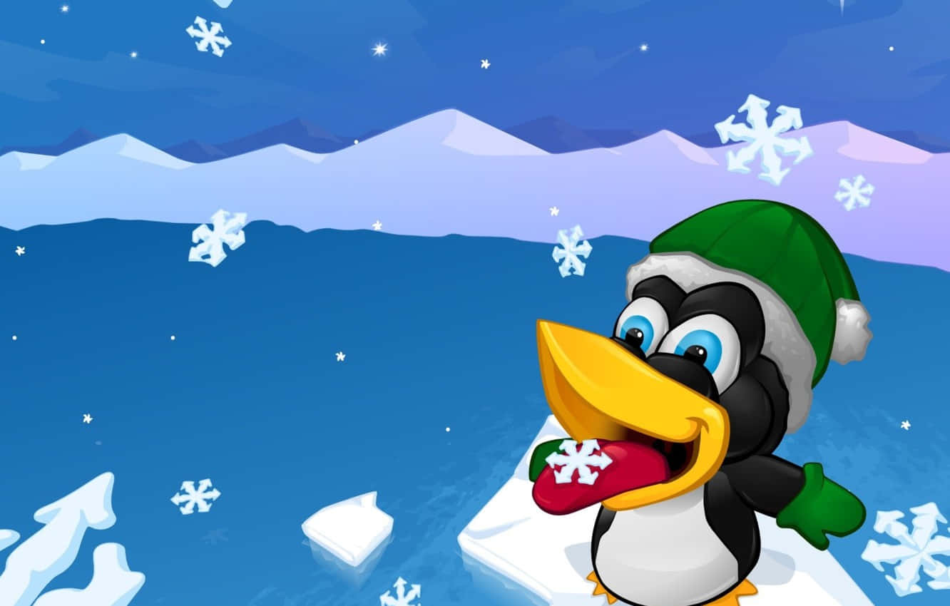 Penguin Tux, green hat, mittens, HD Desktop Wallpaper