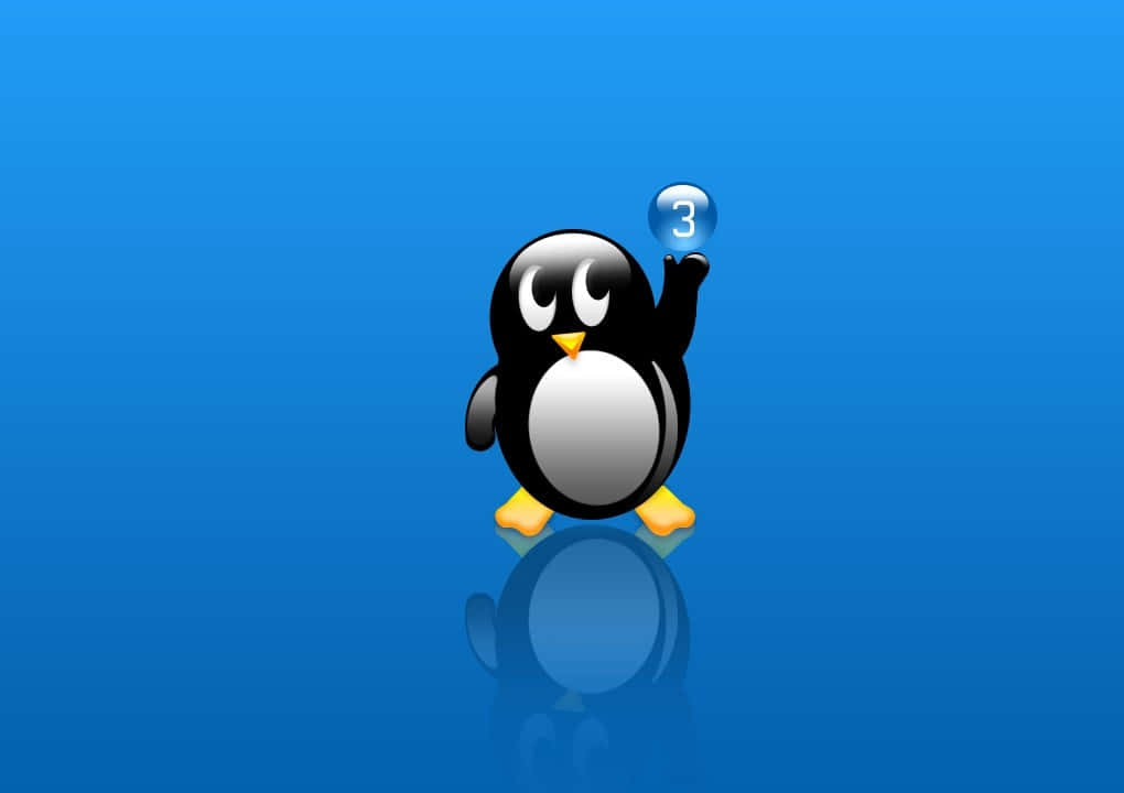 Penguin Tux, glossy black and white, bubble with the number three, SD Desktop Wallpaper