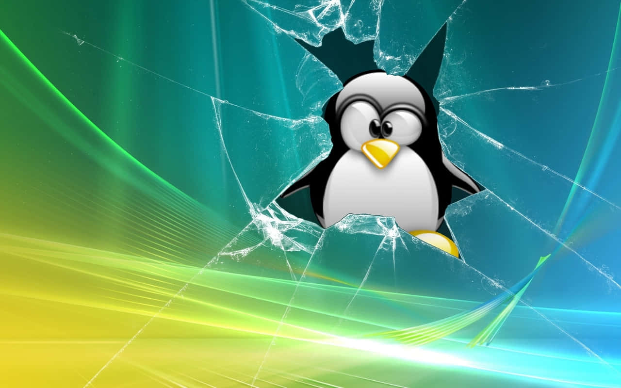 Penguin Tux, shattered glass effect, vibrant green yellow and blue abstract background, HD Desktop Wallpaper