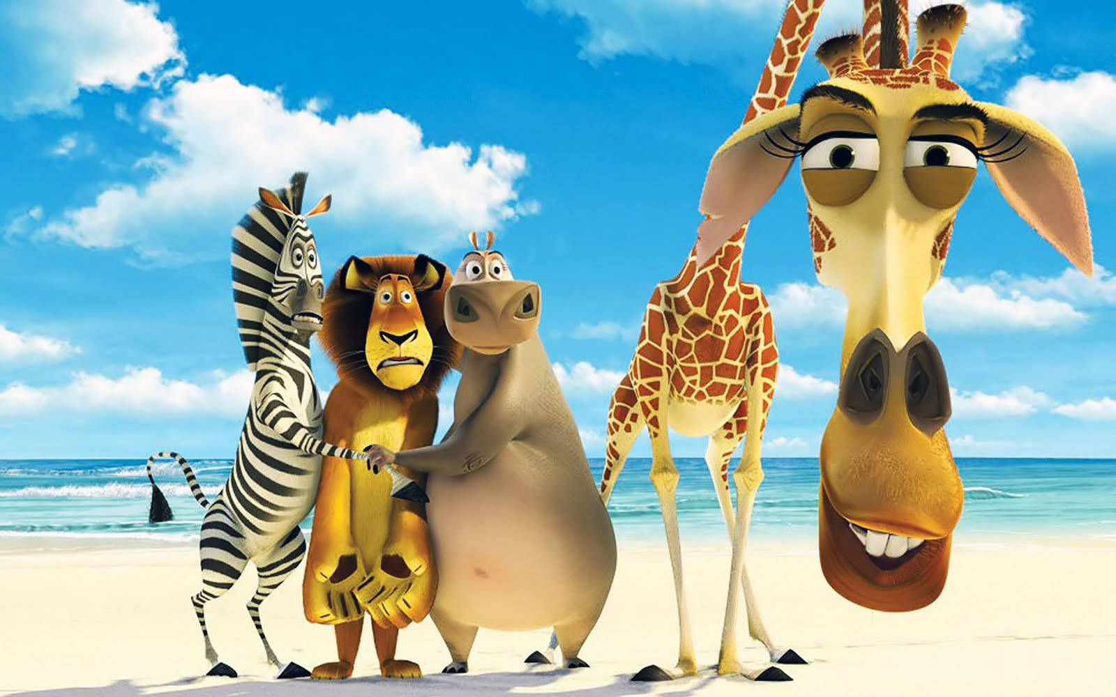 Madagascar, animated animals, sunny beach, HD Desktop Wallpaper