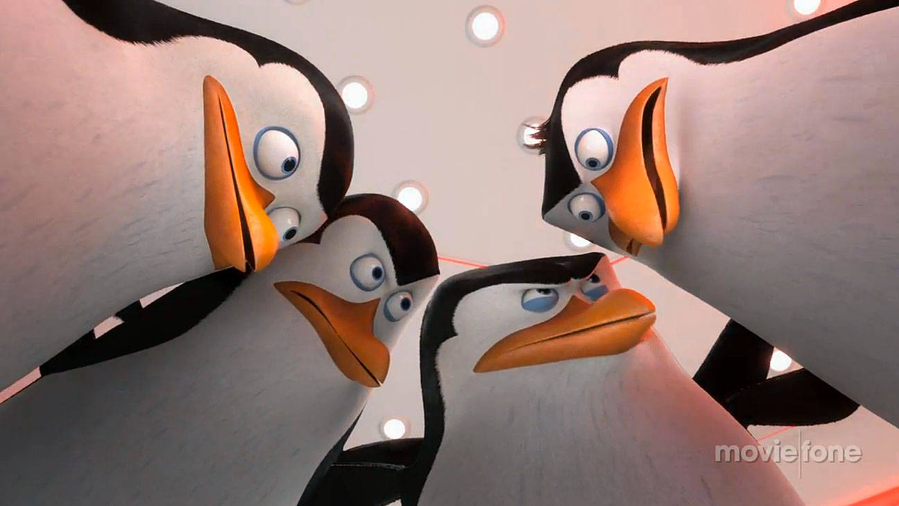 The Penguins of Madagascar, animated penguins, brightly lit ceiling, HD Desktop Wallpaper