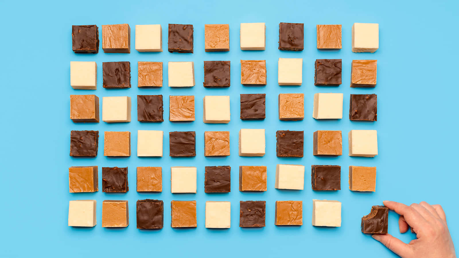 Penuche Fudge, chocolate-covered fudge square, grid of assorted fudge pieces, HD Desktop Wallpaper