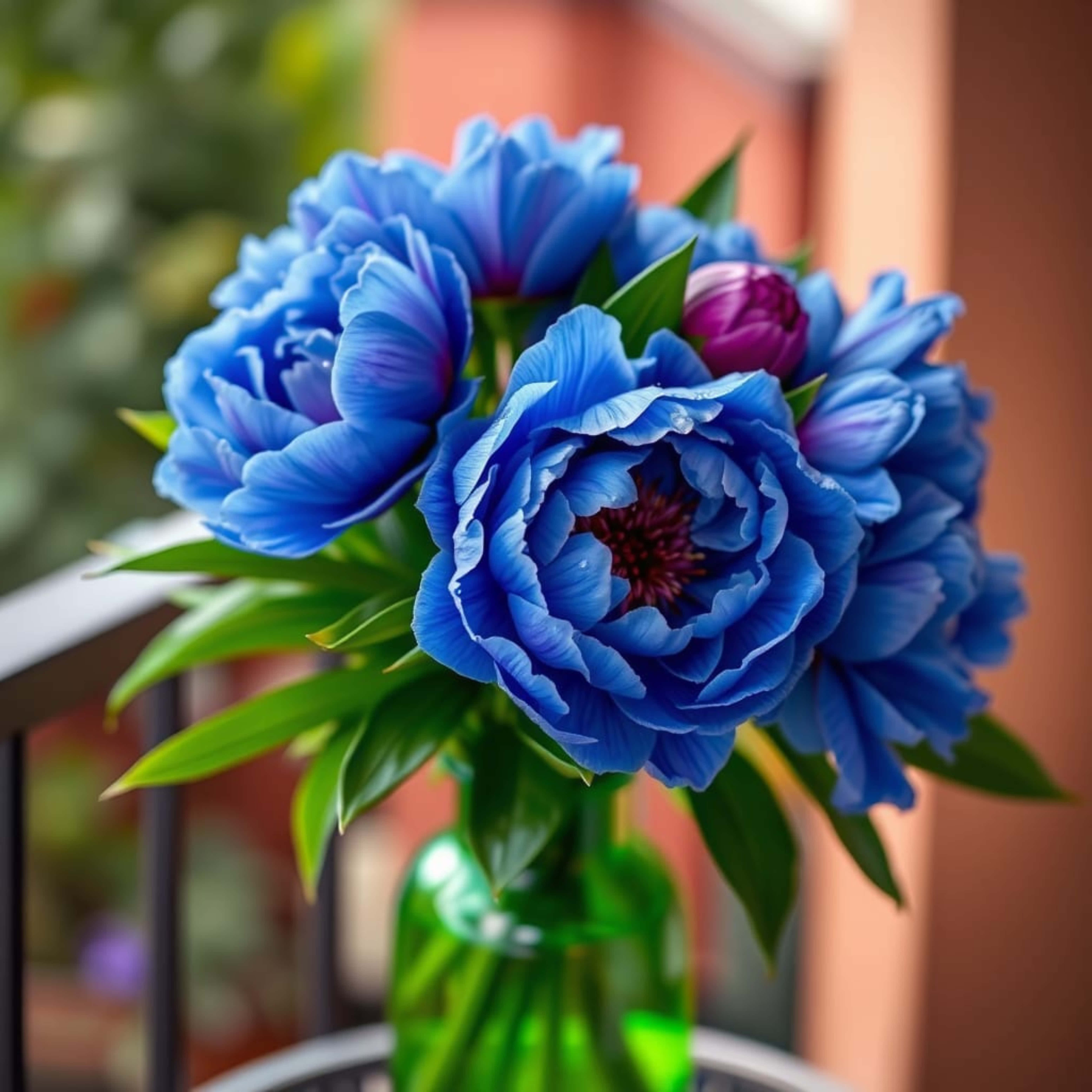 blue peonies, purple bud, green glass vase, 5K Desktop Wallpaper