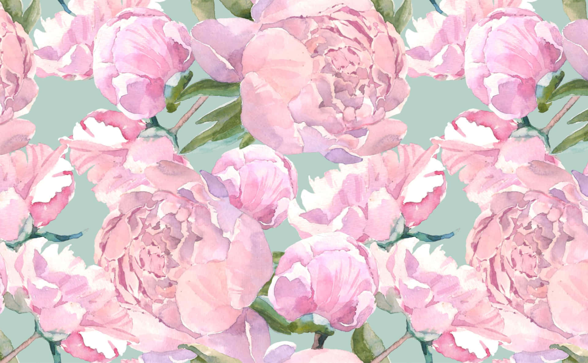 pastel peony pattern, blush pink, mint green, Full HD Desktop Wallpaper